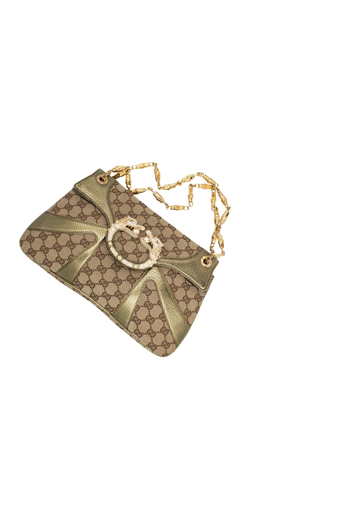 Gucci by tom ford gold and brown supreme pattern dragon shoulder purse