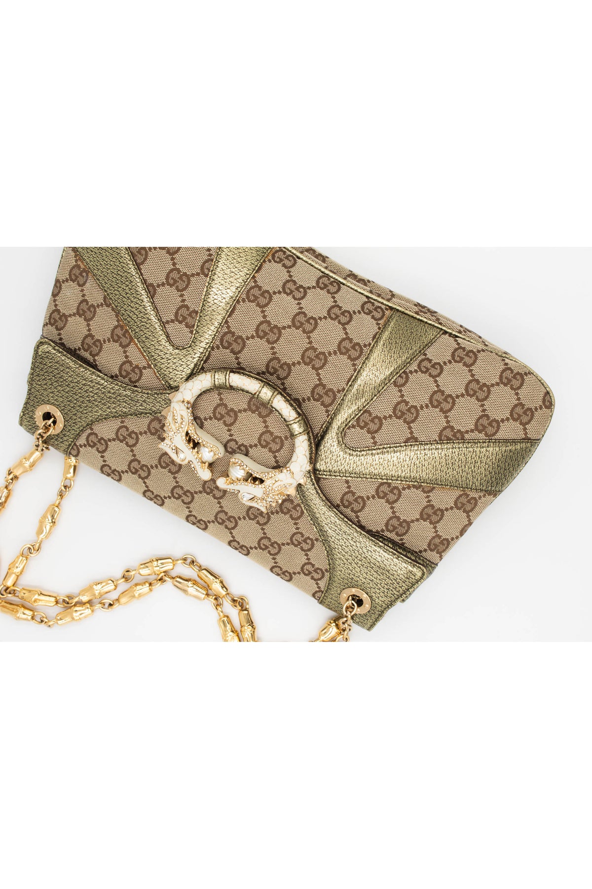 Gucci by tom ford gold and brown supreme pattern dragon shoulder purse