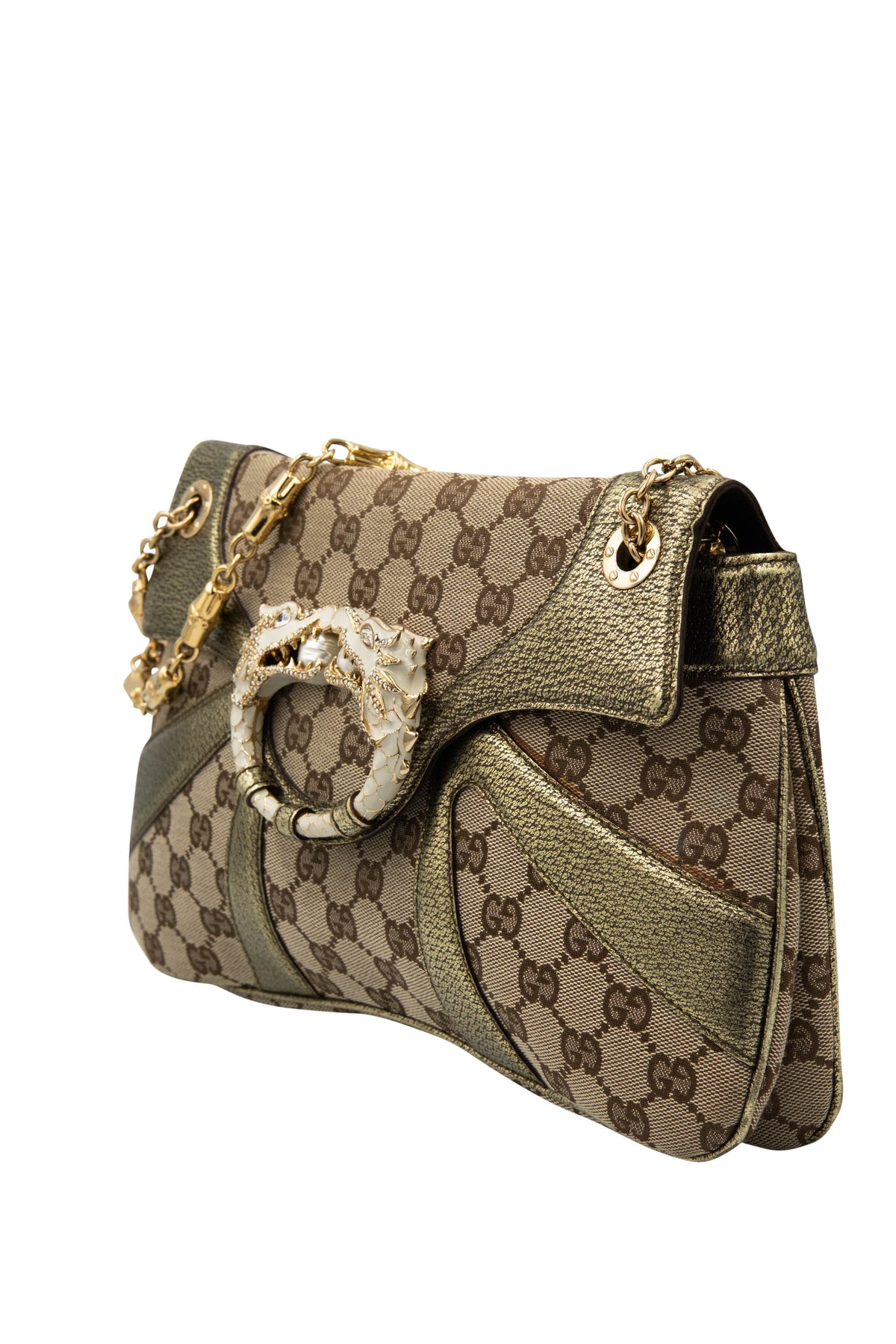 Gucci by tom ford gold and brown supreme pattern dragon shoulder purse