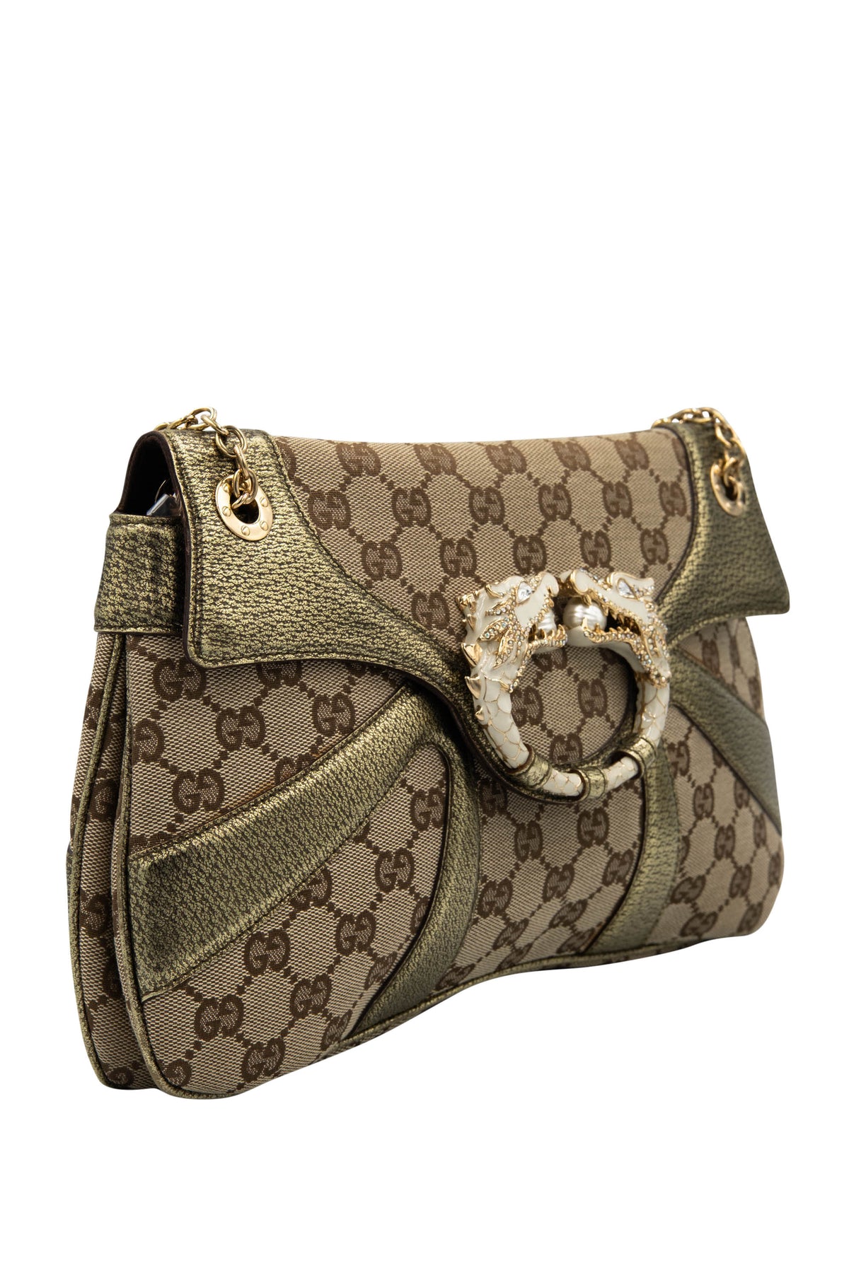 Gucci by tom ford gold and brown supreme pattern dragon shoulder purse