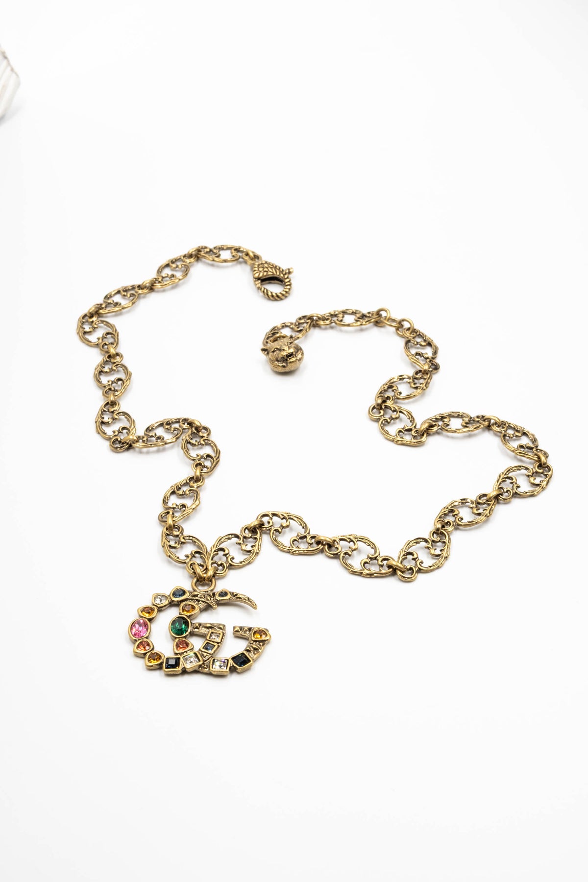 Gucci Baroque Link Chain Multi-Color Stone GG Pendant Necklace
