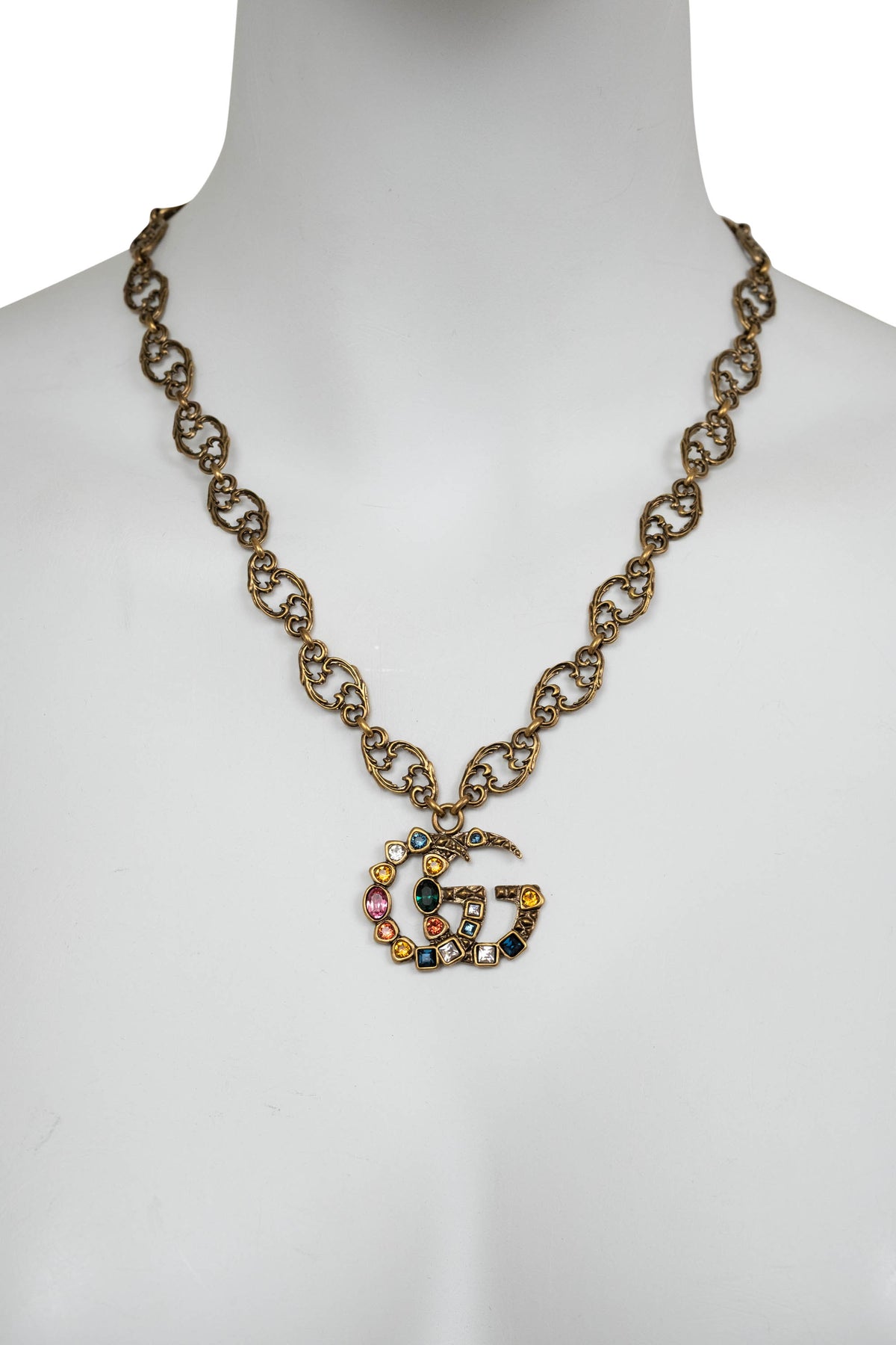Gucci Baroque Link Chain Multi-Color Stone GG Pendant Necklace