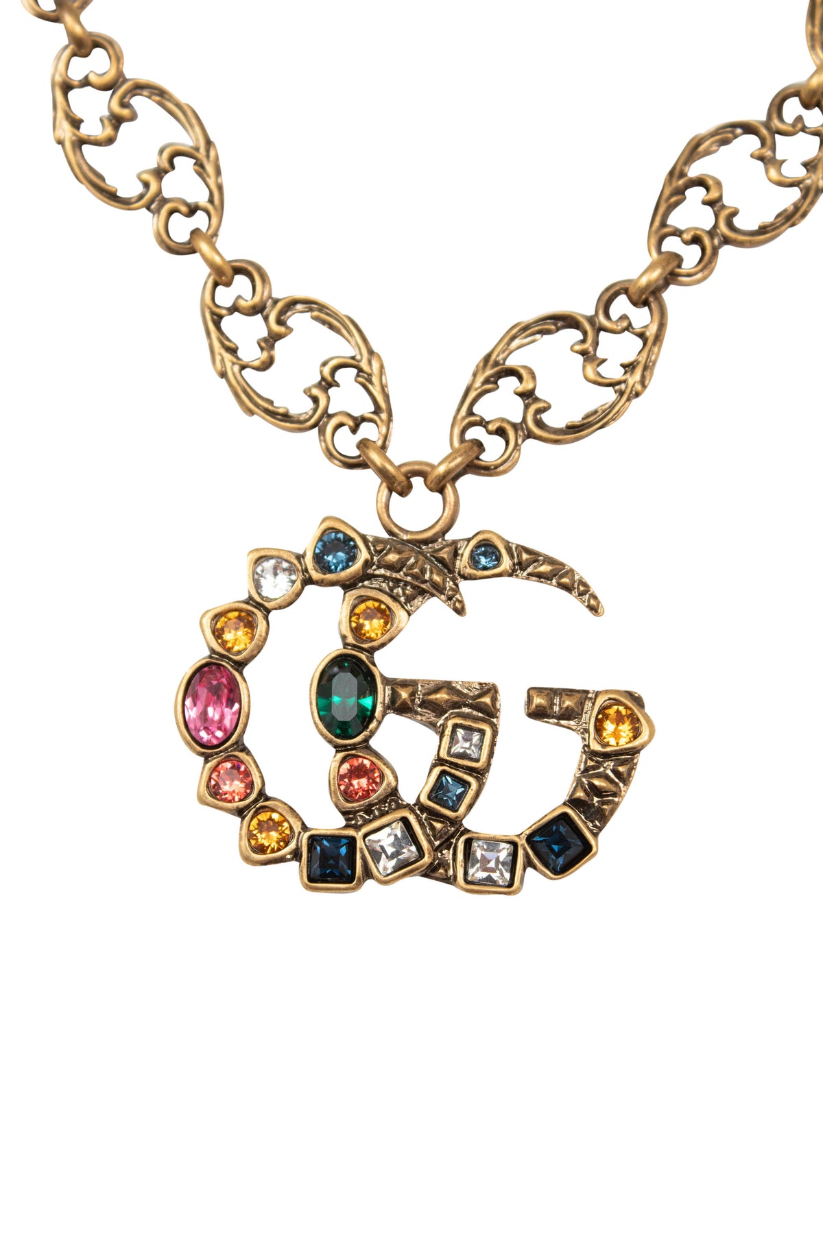 Gucci Baroque Link Chain Multi-Color Stone GG Pendant Necklace