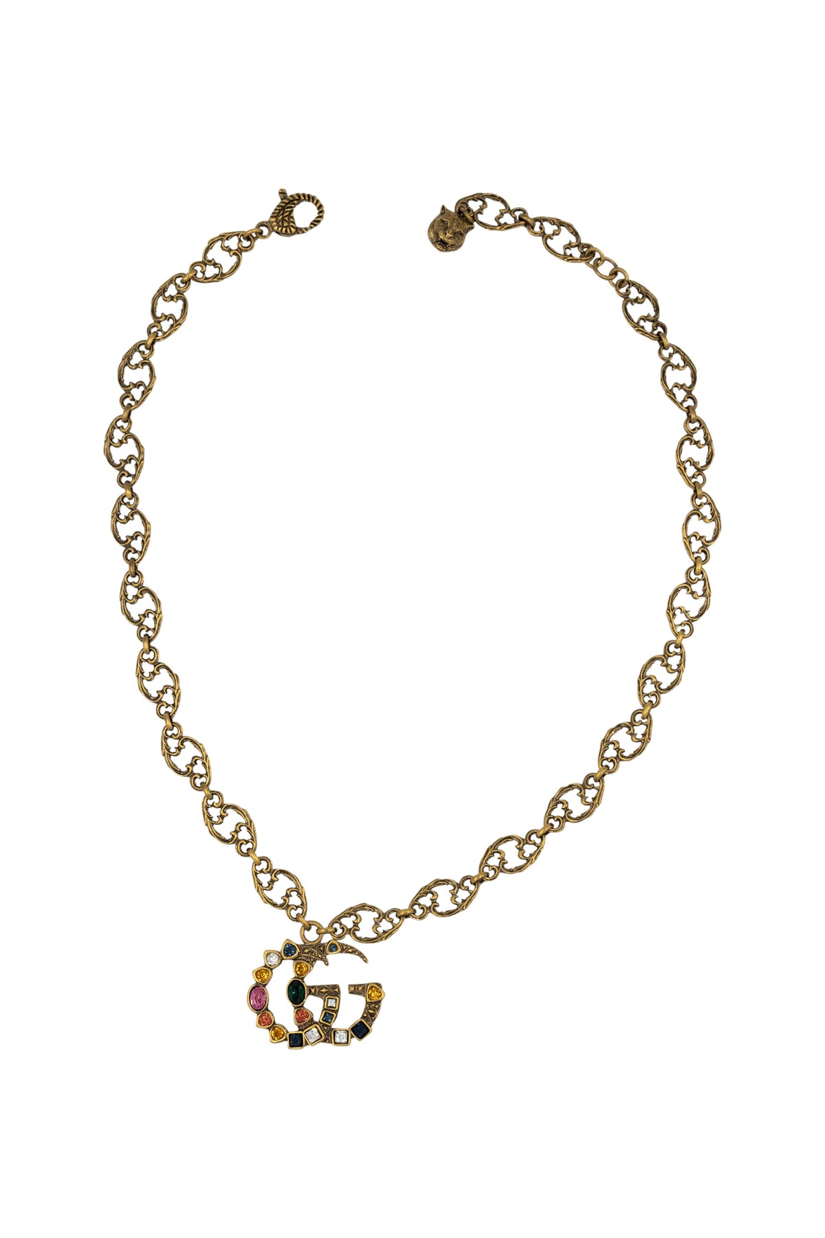 Gucci Baroque Link Chain Multi-Color Stone GG Pendant Necklace