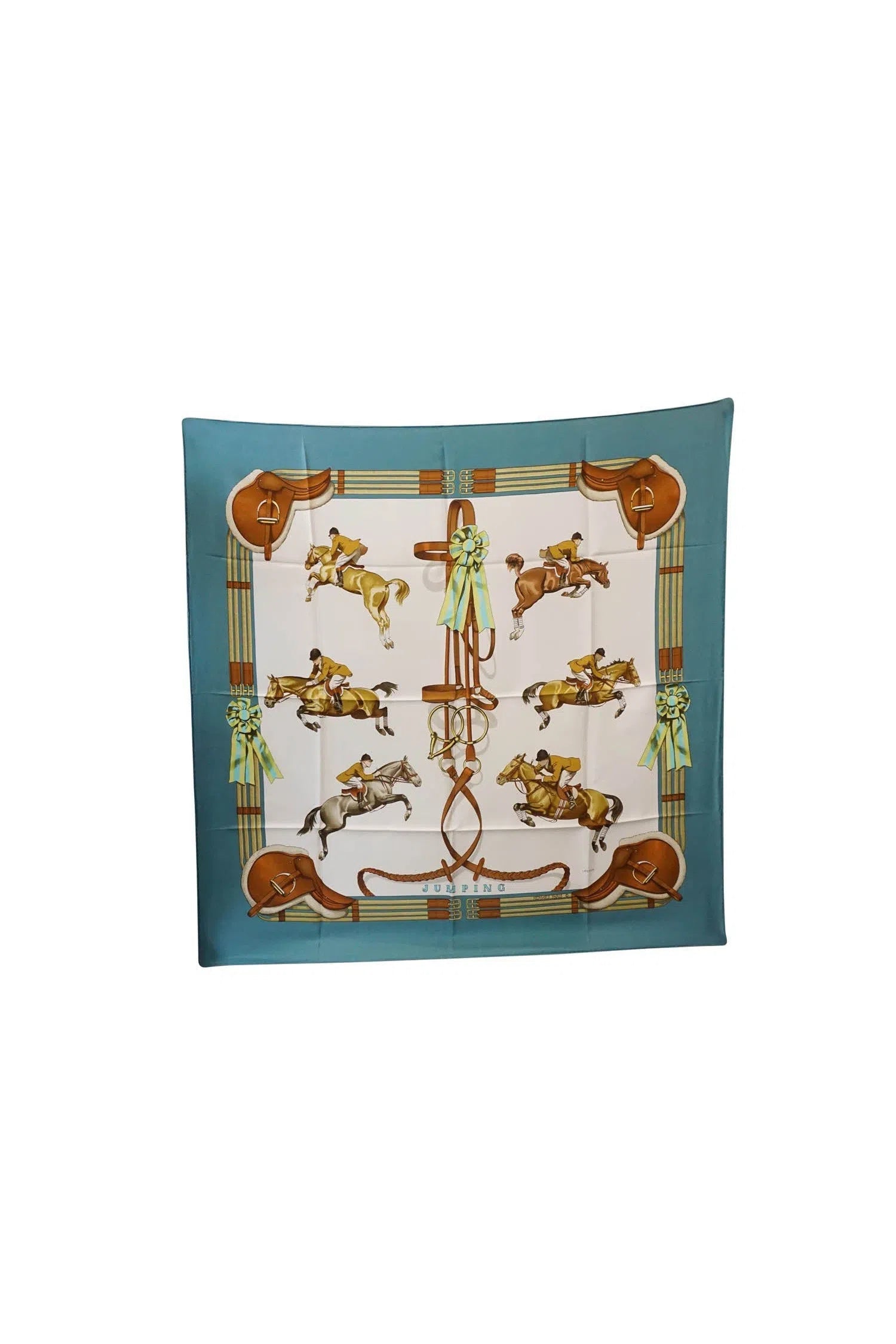 Hermès Light Blue and Brown Jumping Horse Scarf 90cm - Foxy Couture Carmel