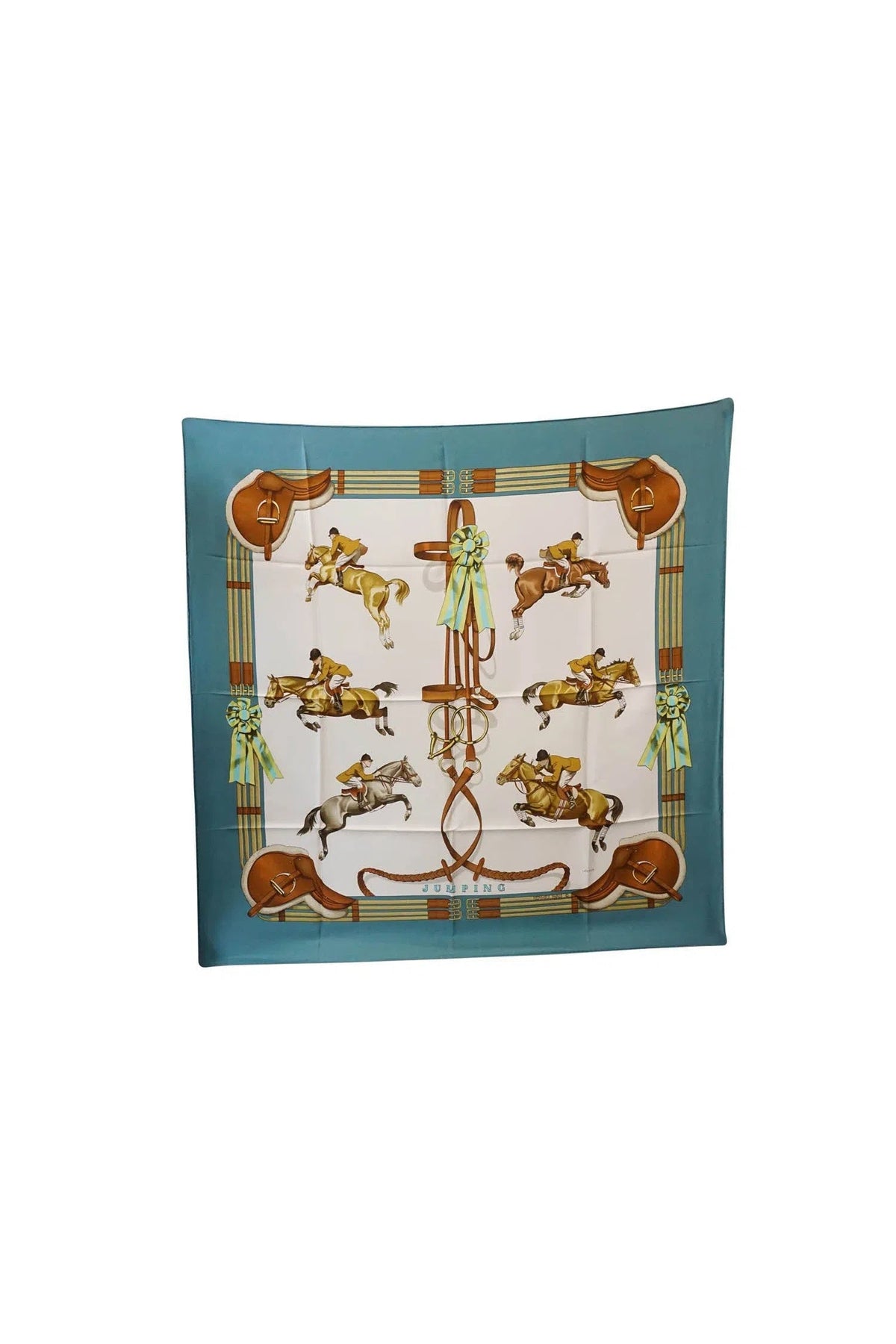 Hermès Light Blue and Brown Jumping Horse Scarf 90cm