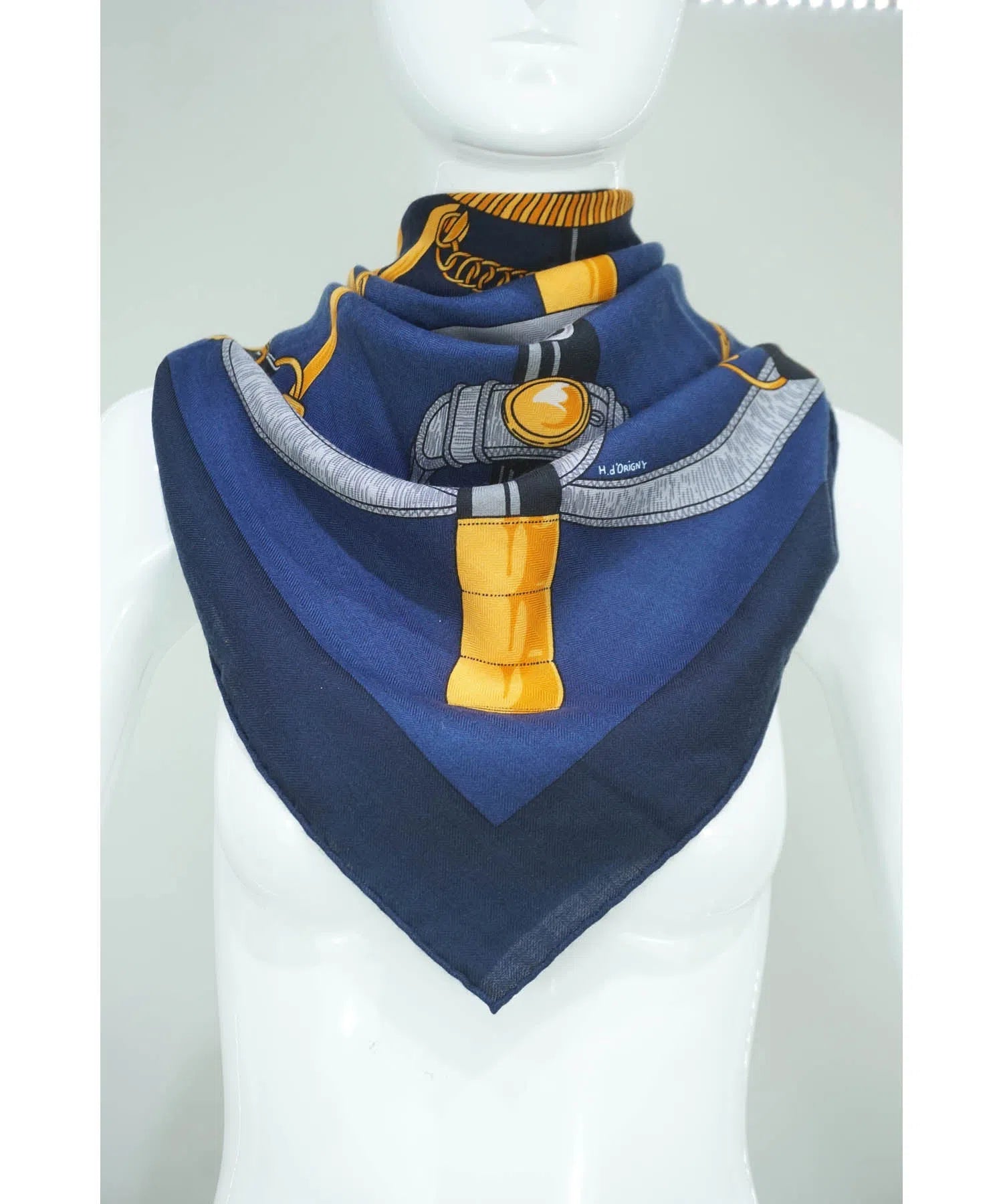 Hermès Navy Cashmere Silk "Eperon d'Or" Shawl Size 140 cm