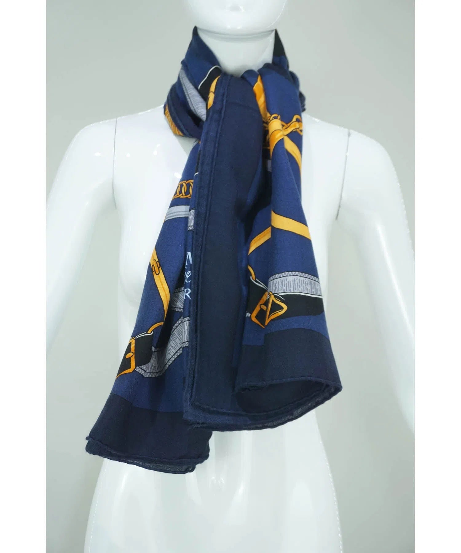 Hermès Navy Cashmere Silk "Eperon d'Or" Shawl Size 140 cm