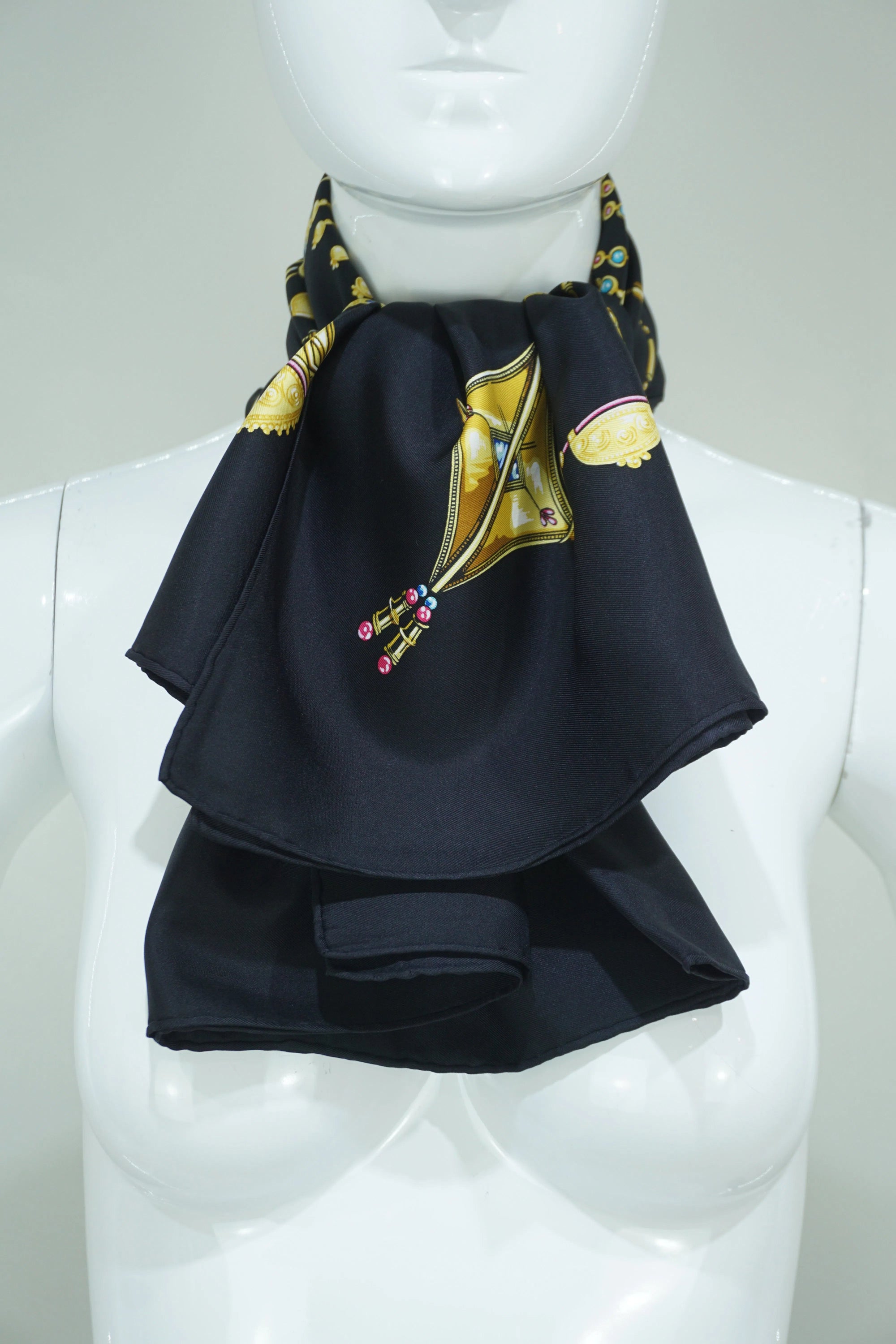 Hermès Parures Des Sables Black and Gold Silk Scarf 90cm