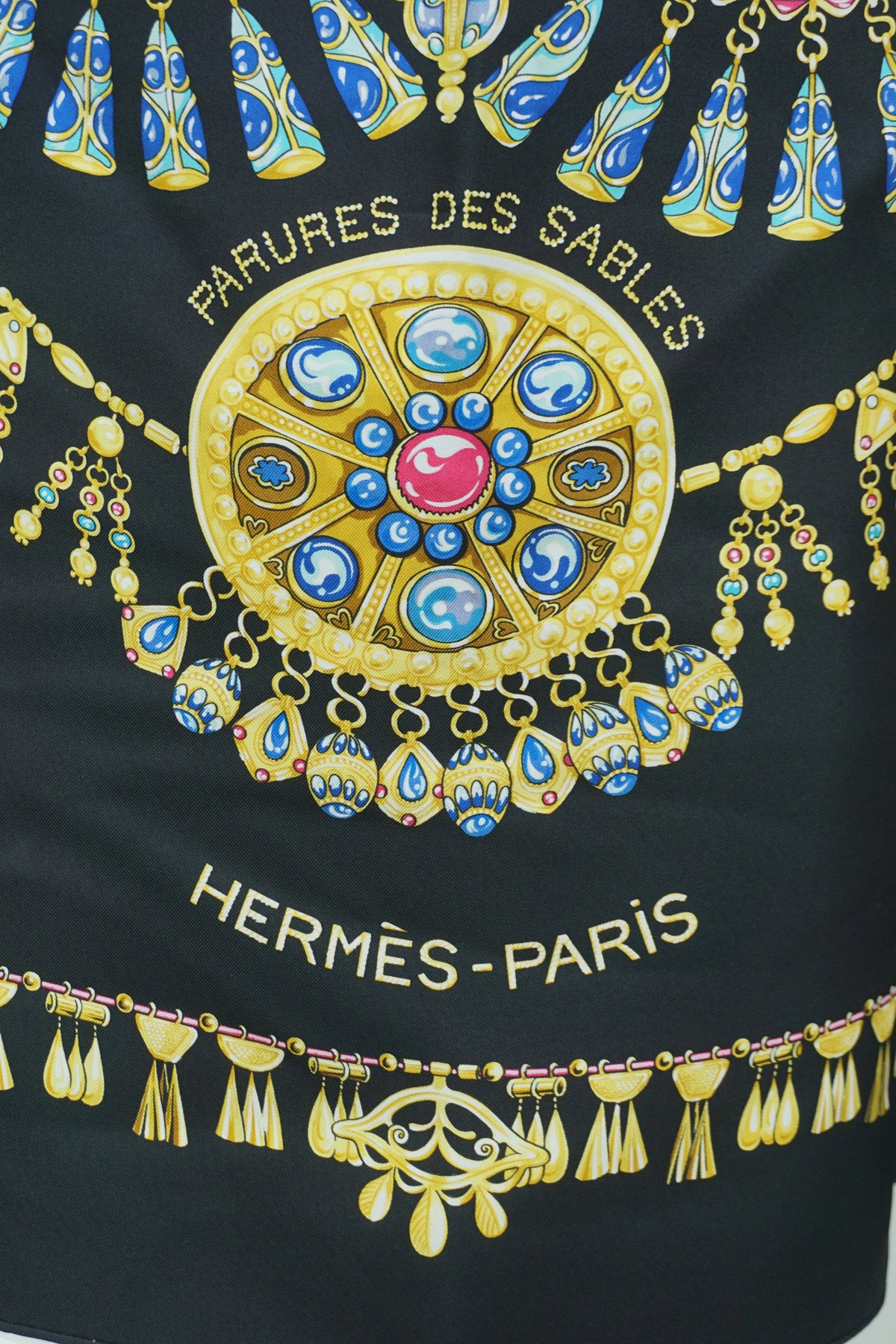 Hermès Parures Des Sables Black and Gold Silk Scarf 90cm