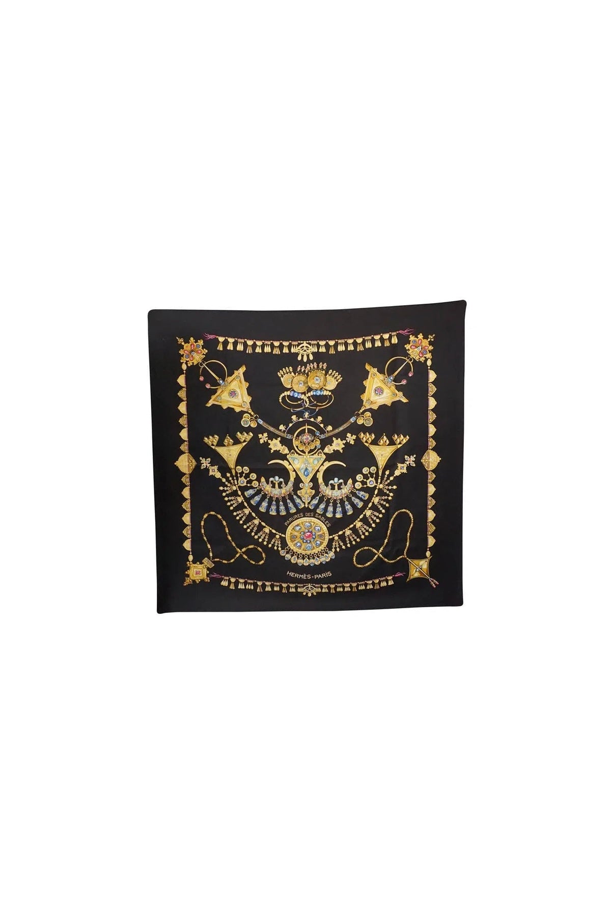 Hermès Parures Des Sables Black and Gold Silk Scarf 90cm