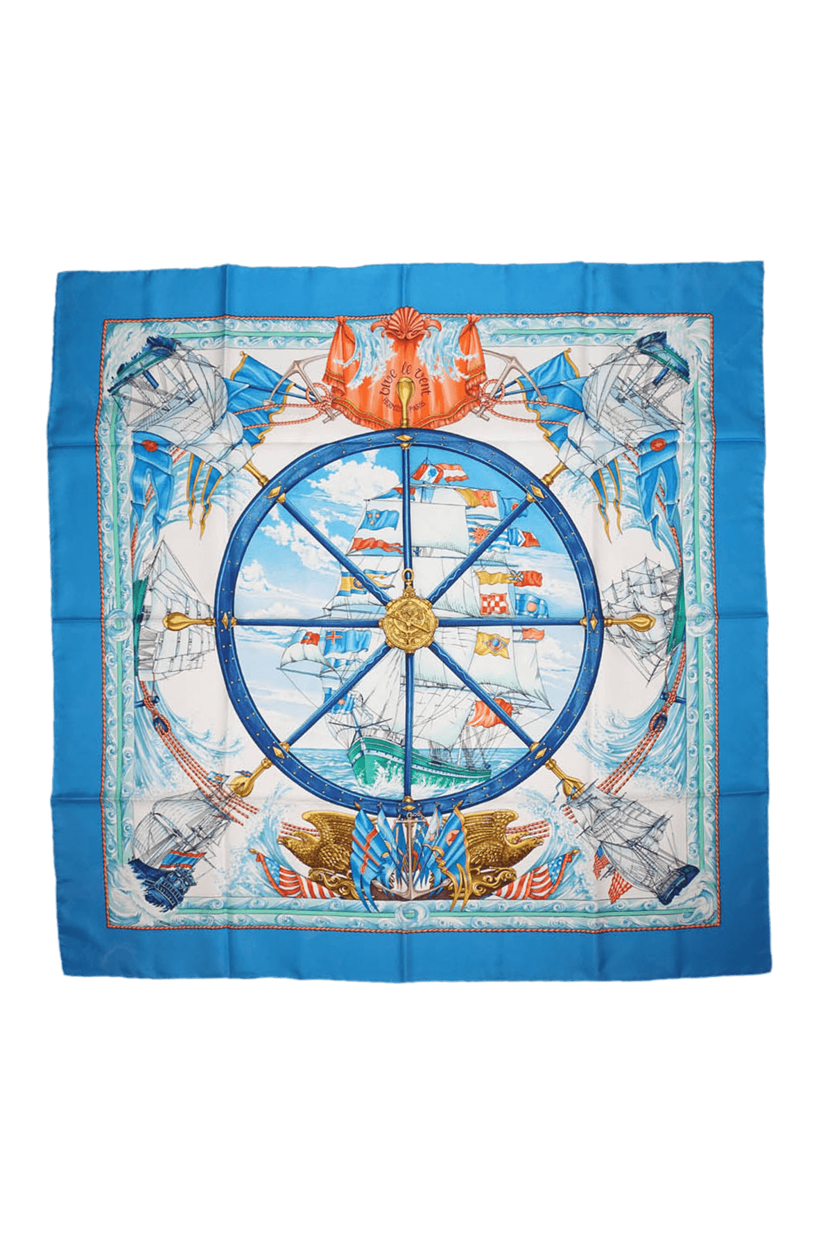 Hermes Silk Scarf Blue Nautical &quot;Vive le Vent&quot; Pattern 90cm