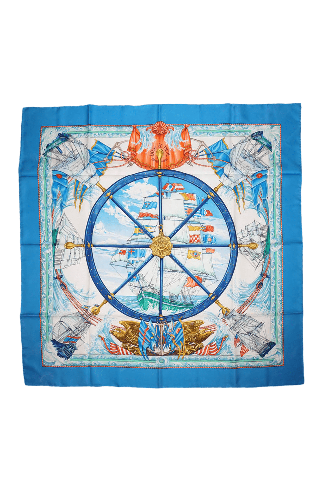 Hermes Silk Scarf Blue Nautical "Vive le Vent" Pattern 90cm