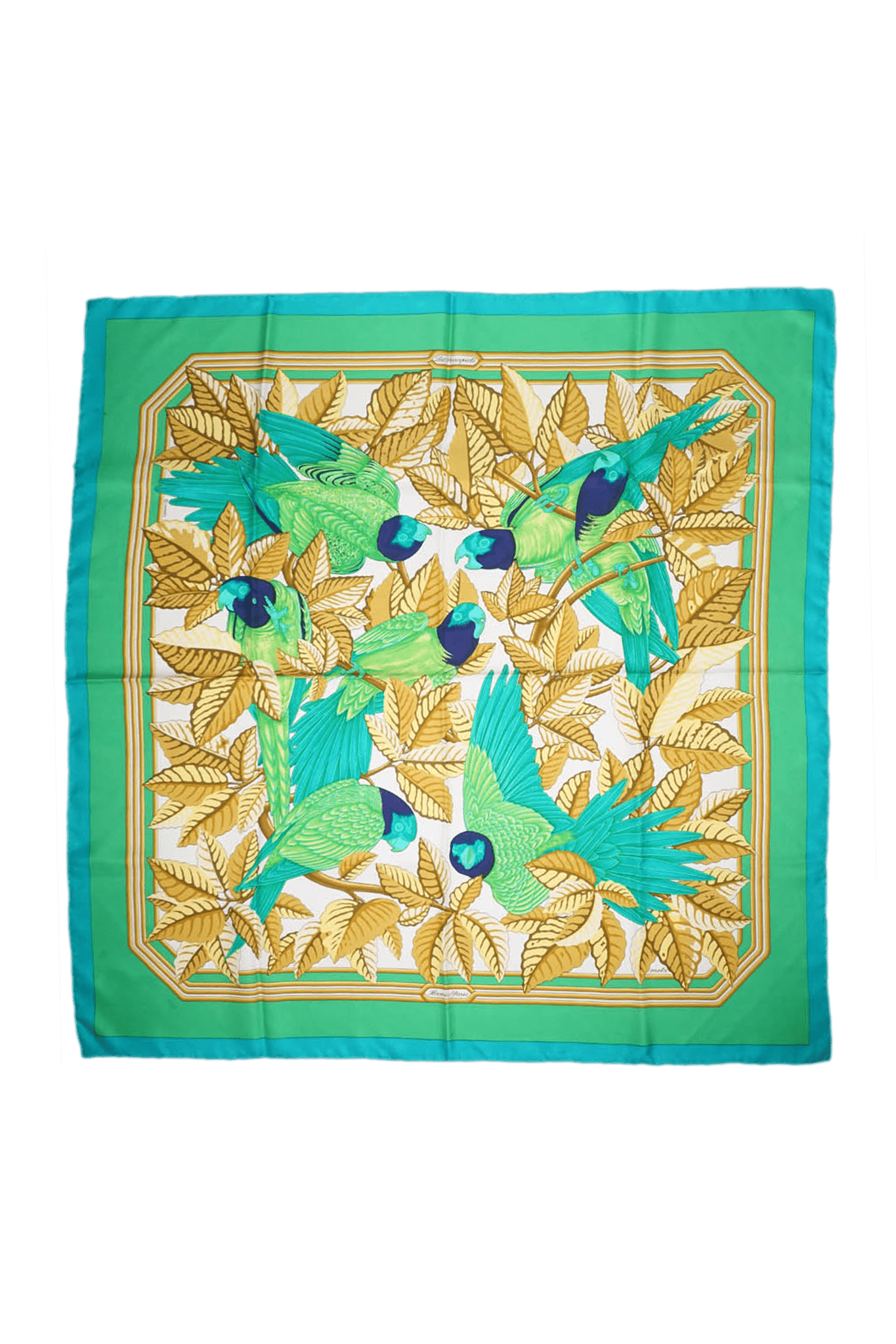 Hermes Silk Scarf Green "Les Perroquetes" Pattern 90cm - Foxy Couture Carmel