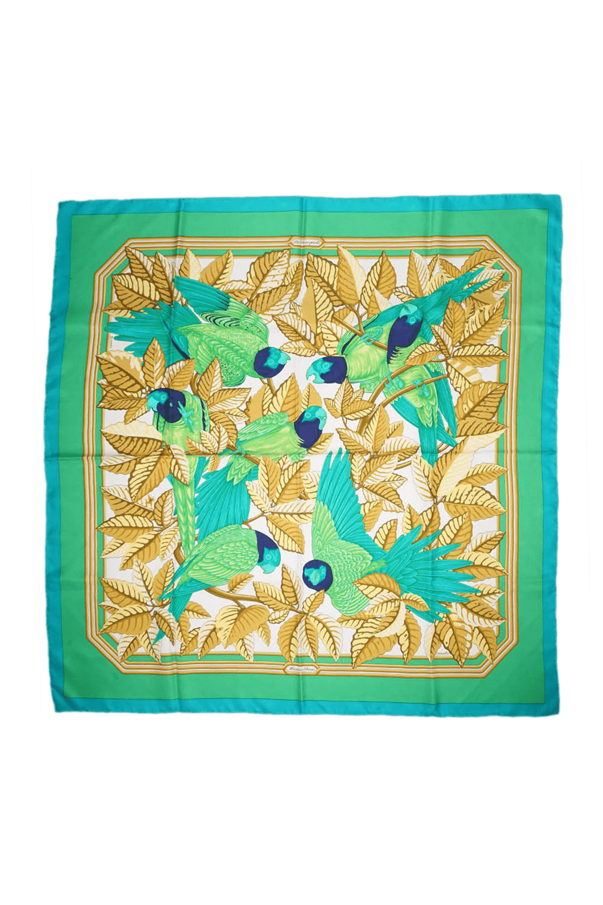 Hermes Silk Scarf Green &quot;Les Perroquetes&quot; Pattern 90cm