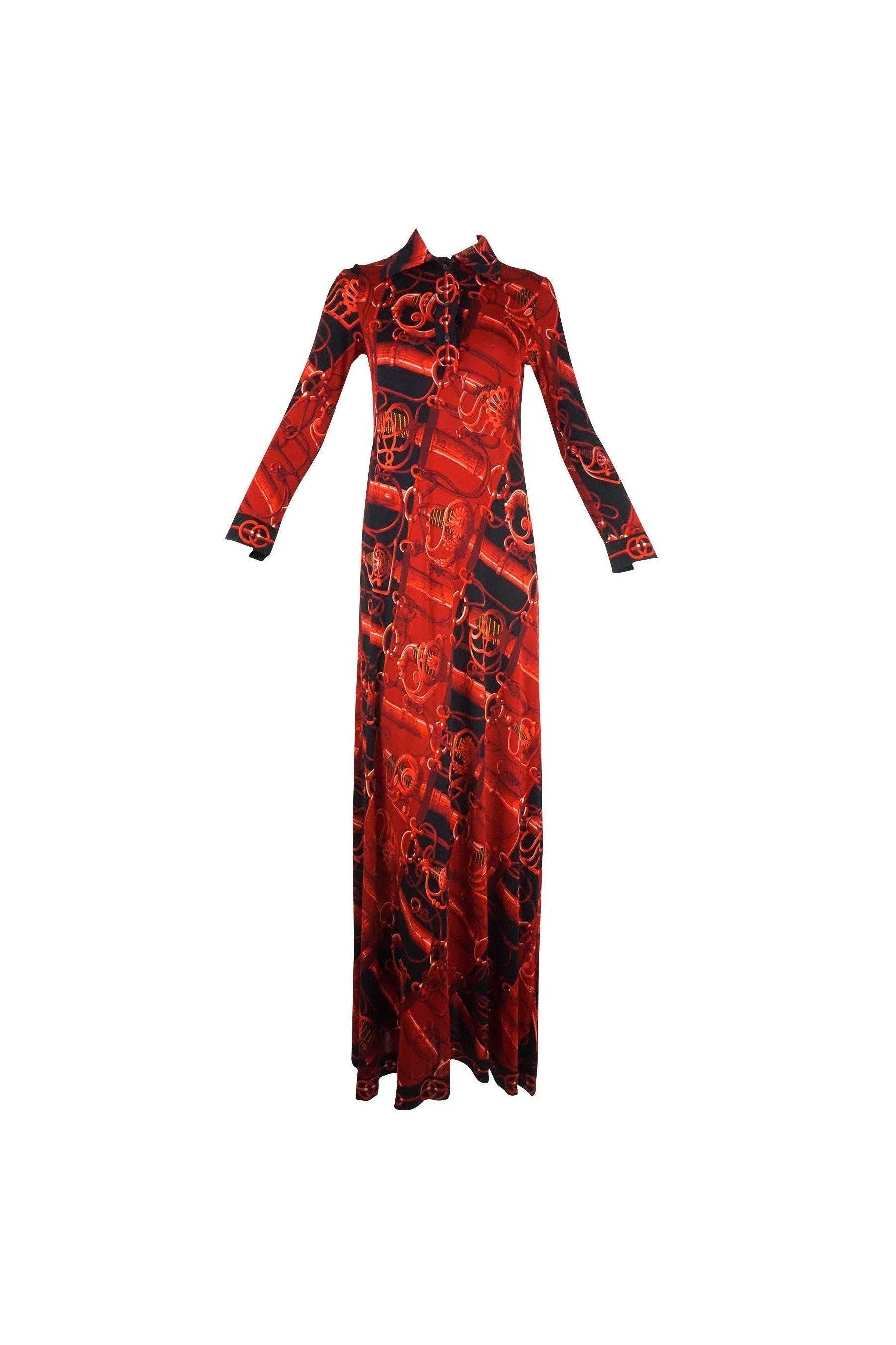 Hermès Vintage Cliquetis Print Silk Jersey Shirt Dress 1990's - Foxy Couture Carmel