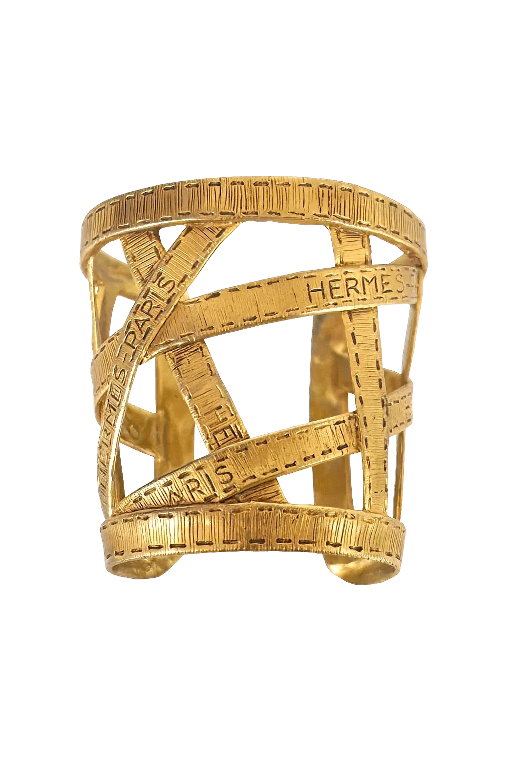 Hermès Vintage Gold Tone Ribbon Bijouterie Fantasie Wide Cuff