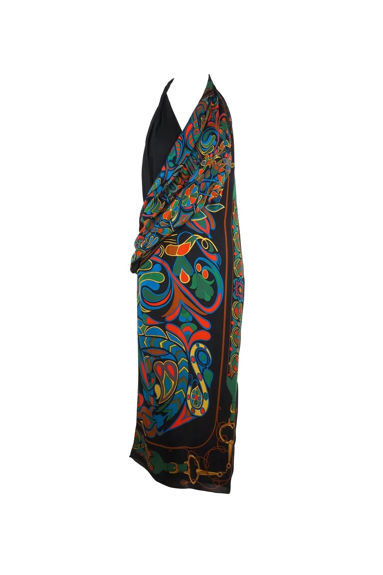Herms Vintage Multicolored Silk Scarf Halter Dress 1990's - Foxy Couture Carmel Herms Vintage Multicolored Silk Scarf Halter Dress 1990's - Foxy Couture Carmel