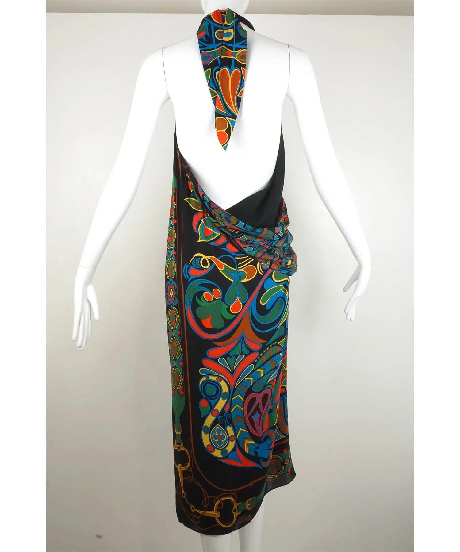 Hermès Vintage Multicolored Silk Scarf Halter Dress 1990's - Foxy Couture Carmel