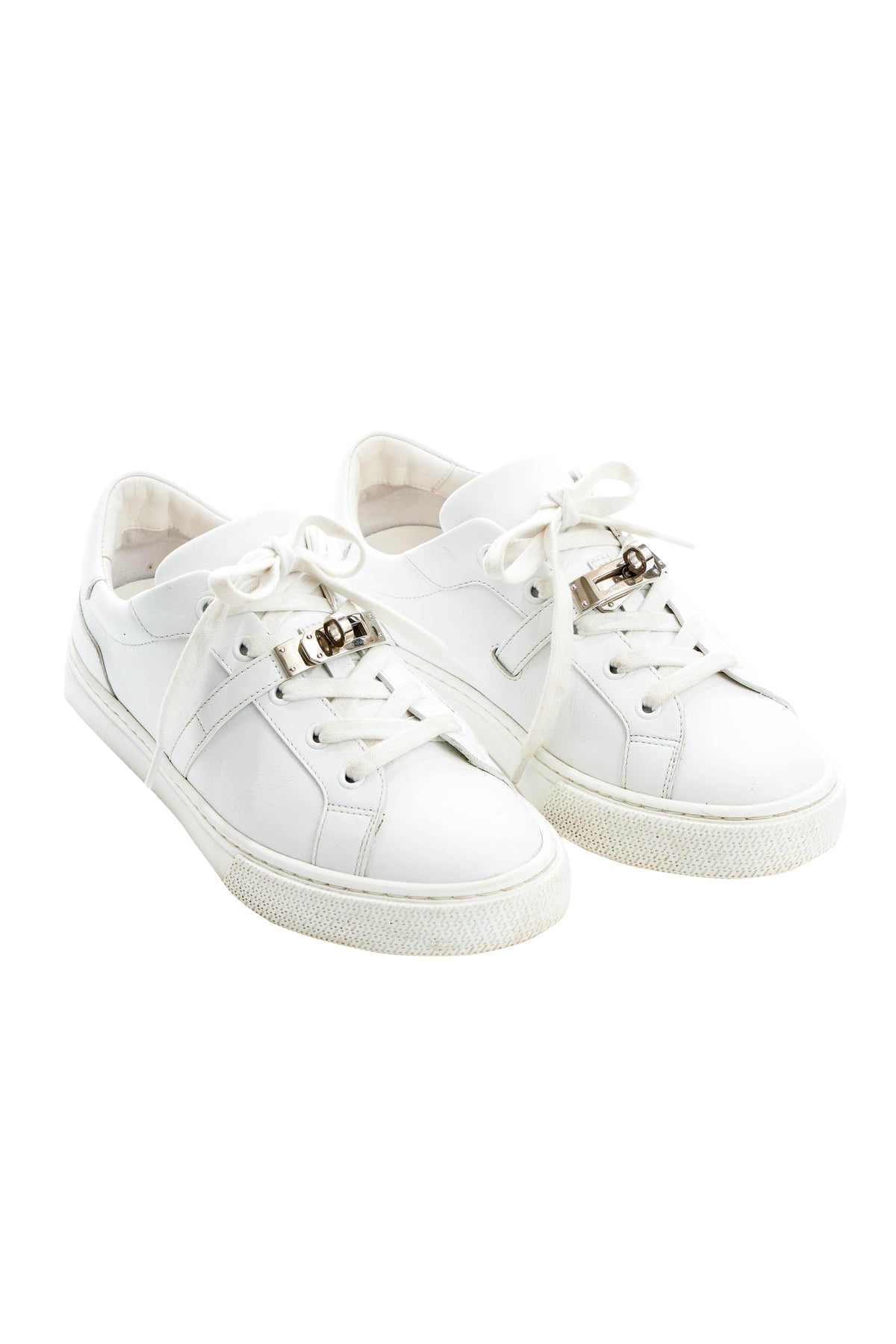 Hermes White Sneakers with Kelly Turn Clasp Size 37.5