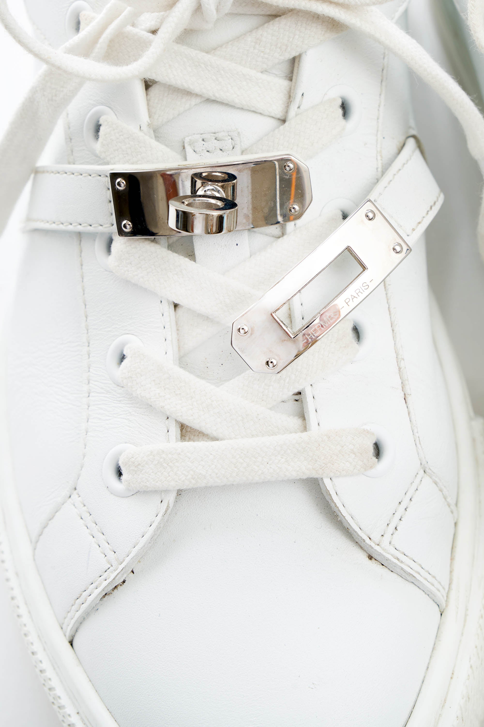 Hermes White Sneakers with Kelly Turn Clasp Size 37.5