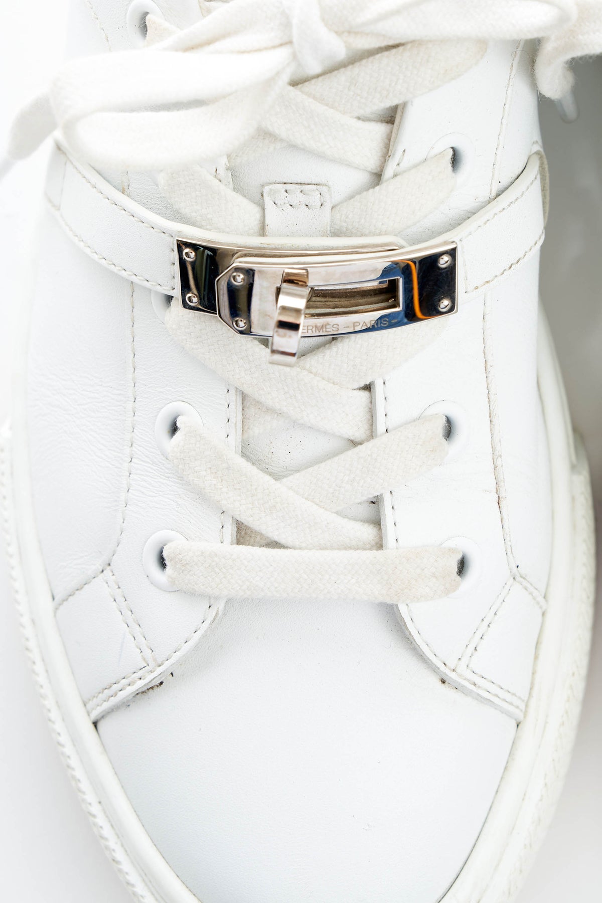 Hermes White Sneakers with Kelly Turn Clasp Size 37.5