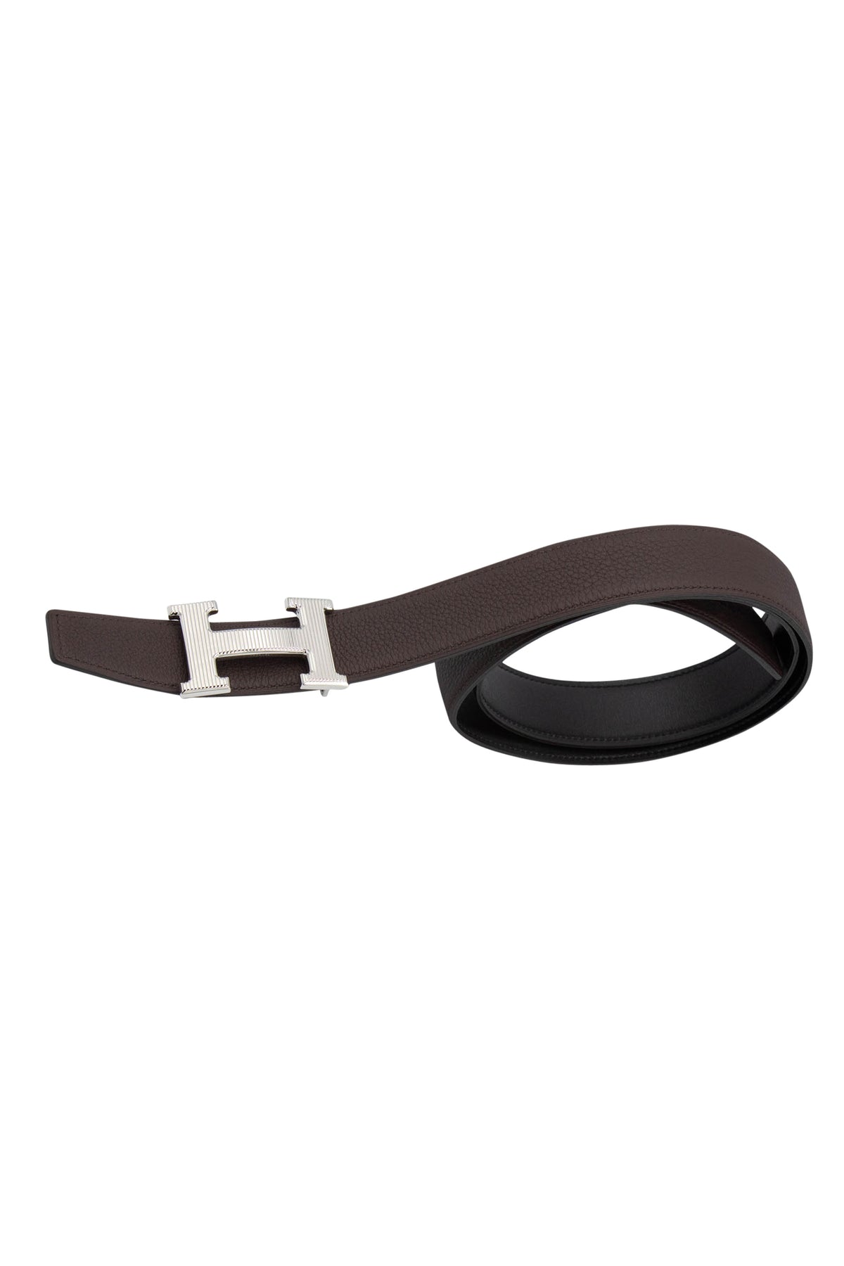 Hermes Noir/Chocolat Leather Belt Striped Silver H Buckle Size 90cm
