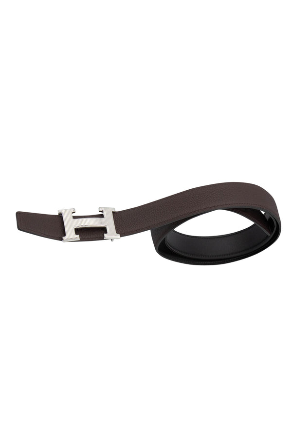 Hermes Noir/Chocolat Leather Belt Striped Silver H Buckle Size