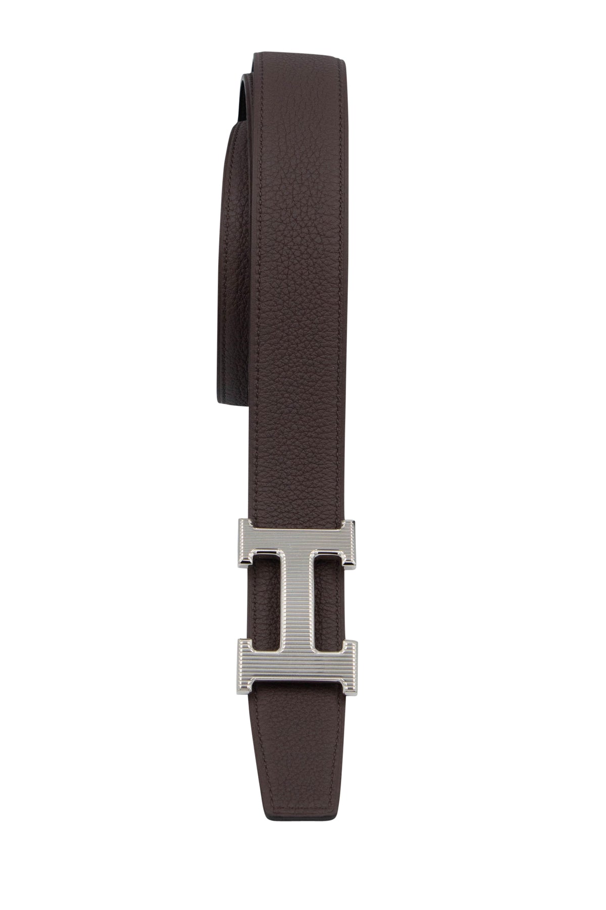Hermes Noir/Chocolat Leather Belt Striped Silver H Buckle Size 90cm