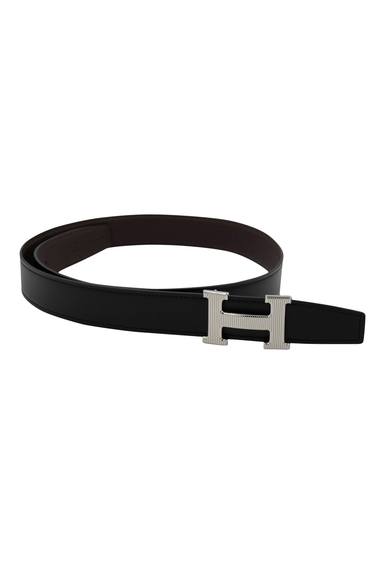 Hermes Noir/Chocolat Leather Belt Striped Silver H Buckle Size 90cm