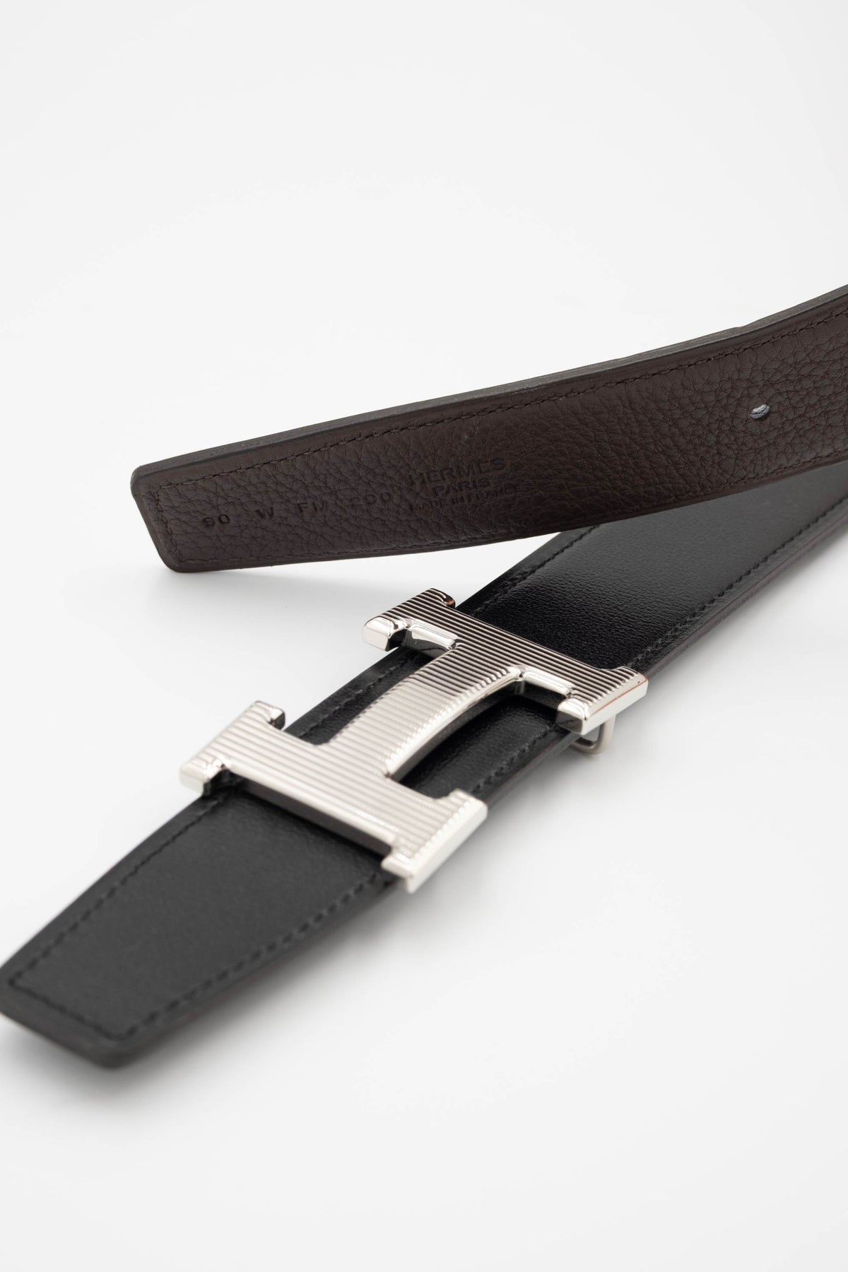 Hermes Noir/Chocolat Leather Belt Striped Silver H Buckle Size 90cm