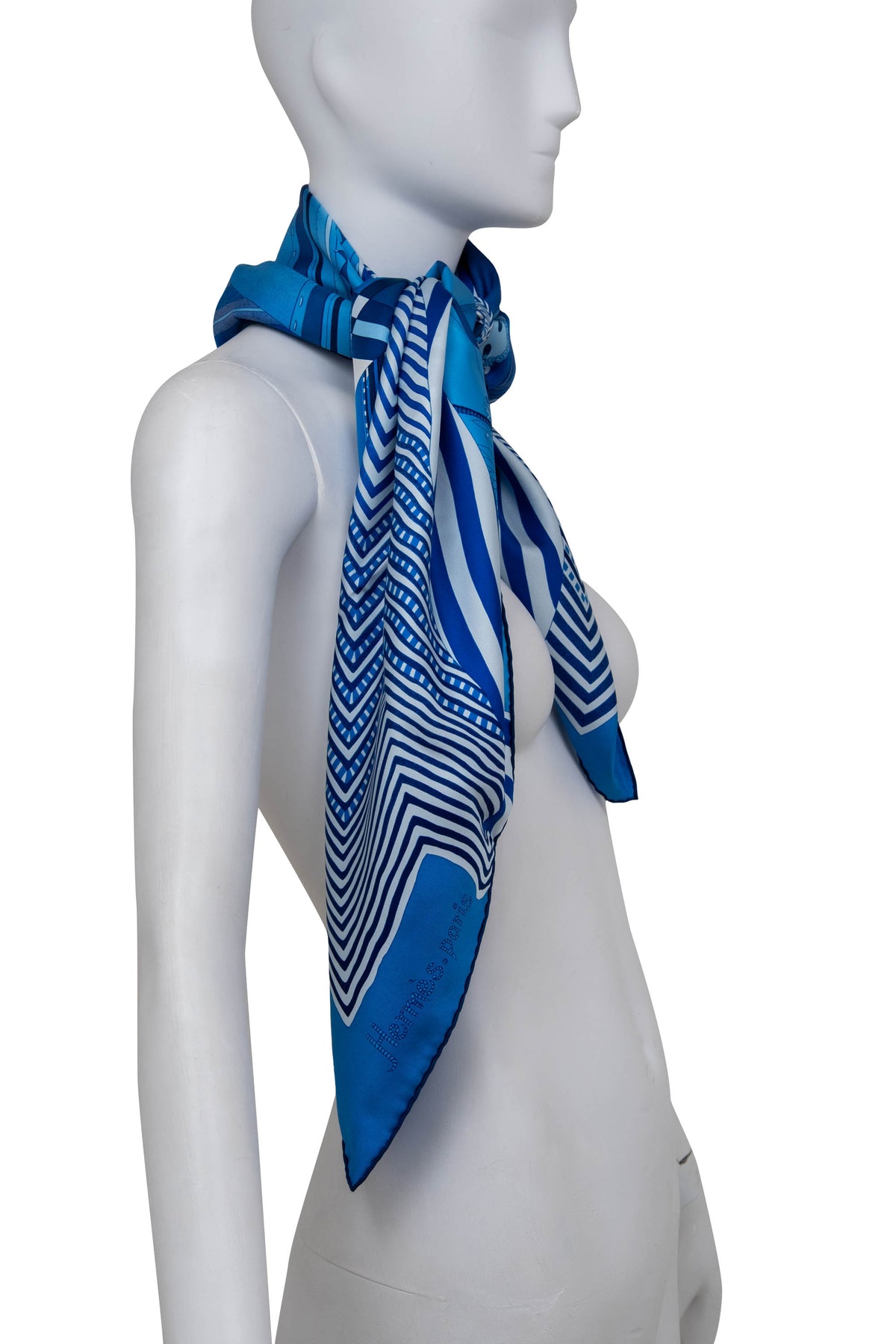 Hermes Blue Indigo "Coupons Indienes" Silk Scarf 90 cm