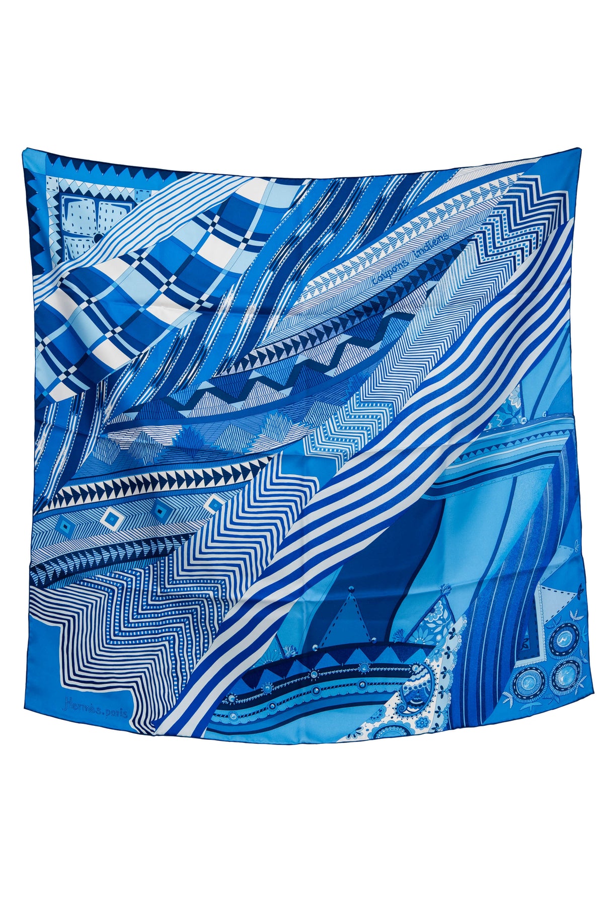 Hermes Blue Indigo "Coupons Indienes" Silk Scarf 90 cm