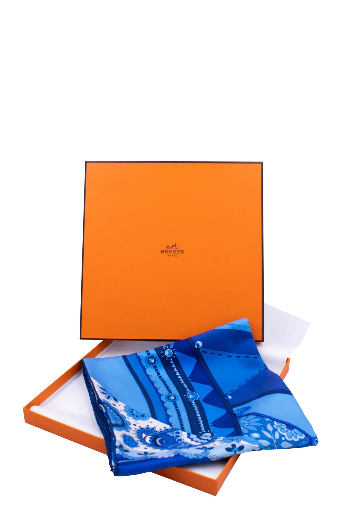 Hermes Blue Indigo "Coupons Indienes" Silk Scarf 90 cm