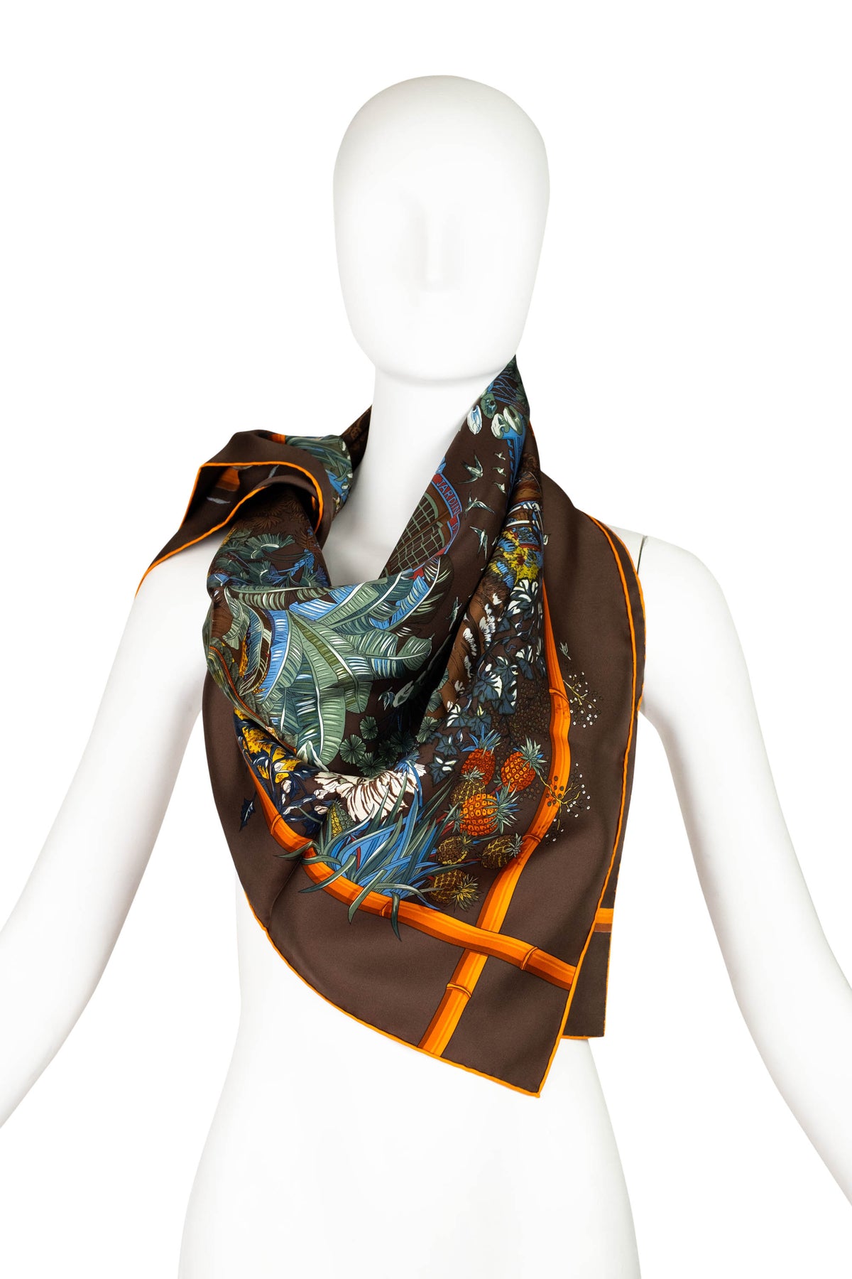 Hermes Brown and Orange Jardins Hiver Faivre Silk Scarf 90cm