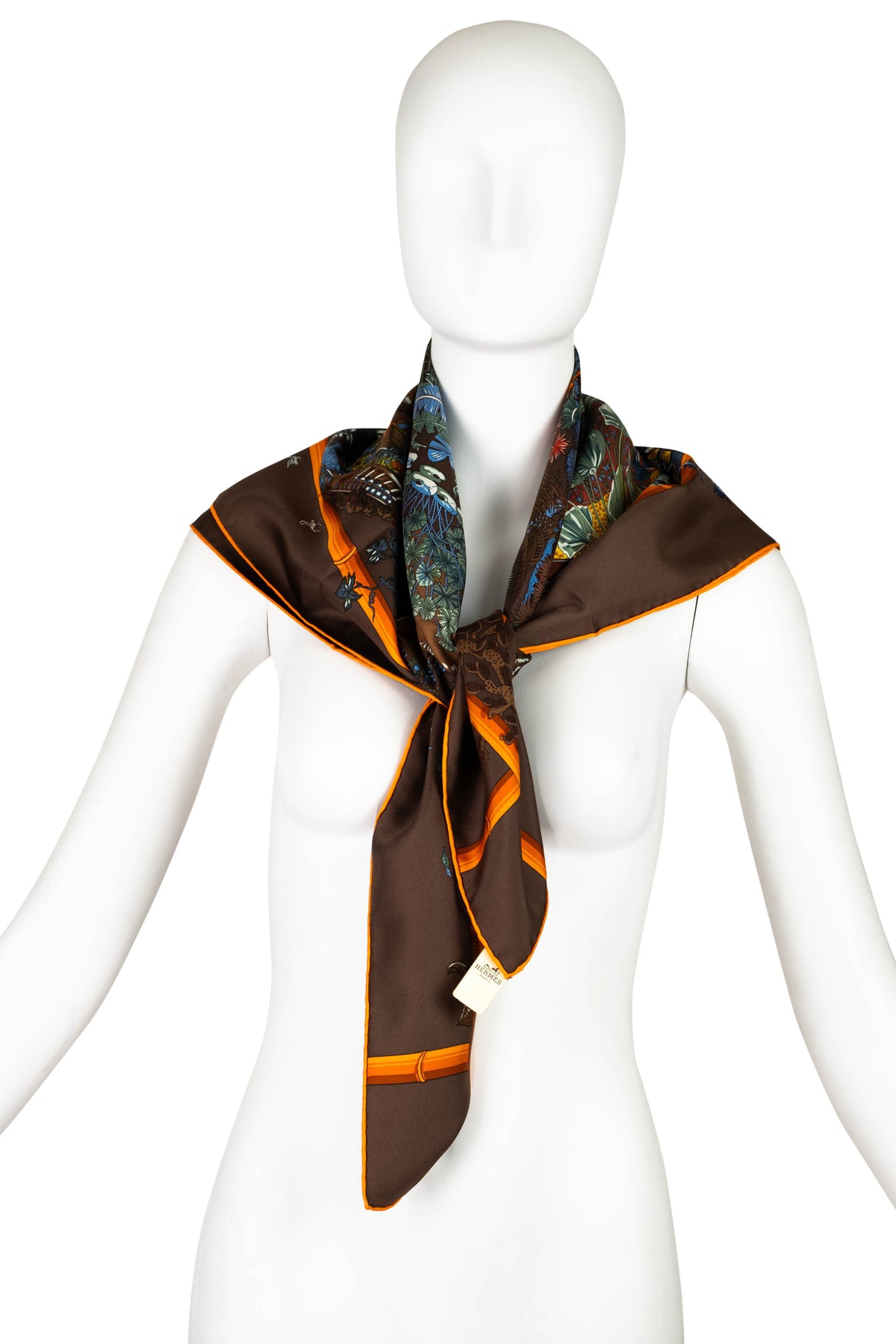 Hermes Brown and Orange Jardins Hiver Faivre Silk Scarf 90cm