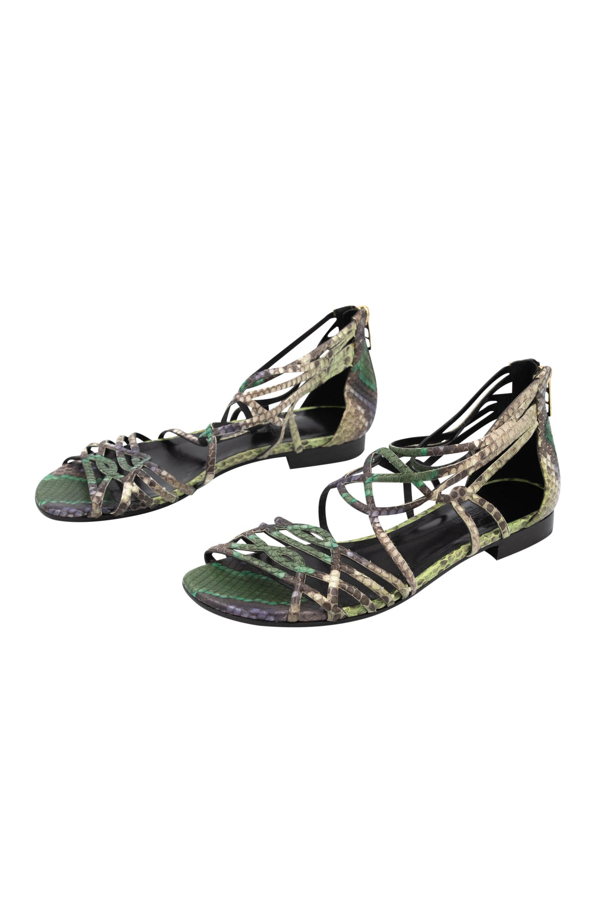 Hermes Green Snakeskin Strappy Gladiator Sandals Size 37.5