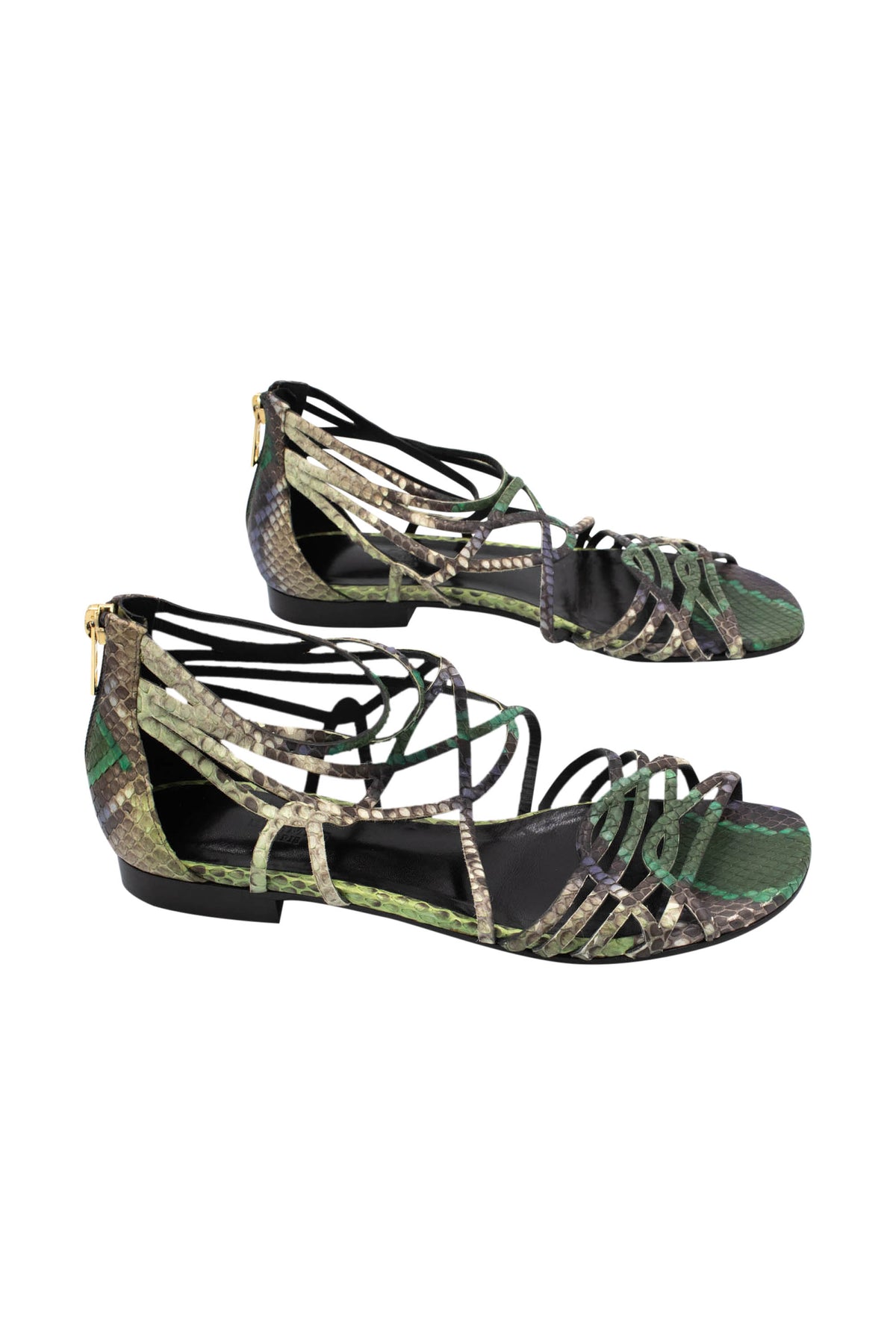 Hermes Green Snakeskin Strappy Gladiator Sandals Size 37.5