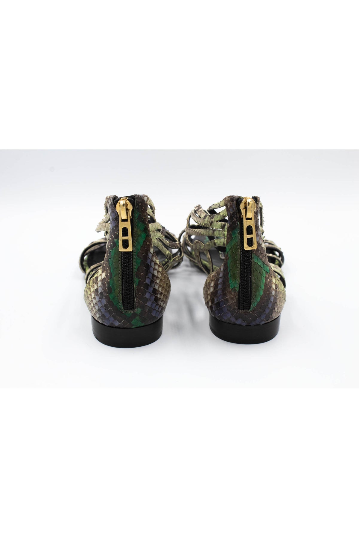 Hermes Green Snakeskin Strappy Gladiator Sandals Size 37.5