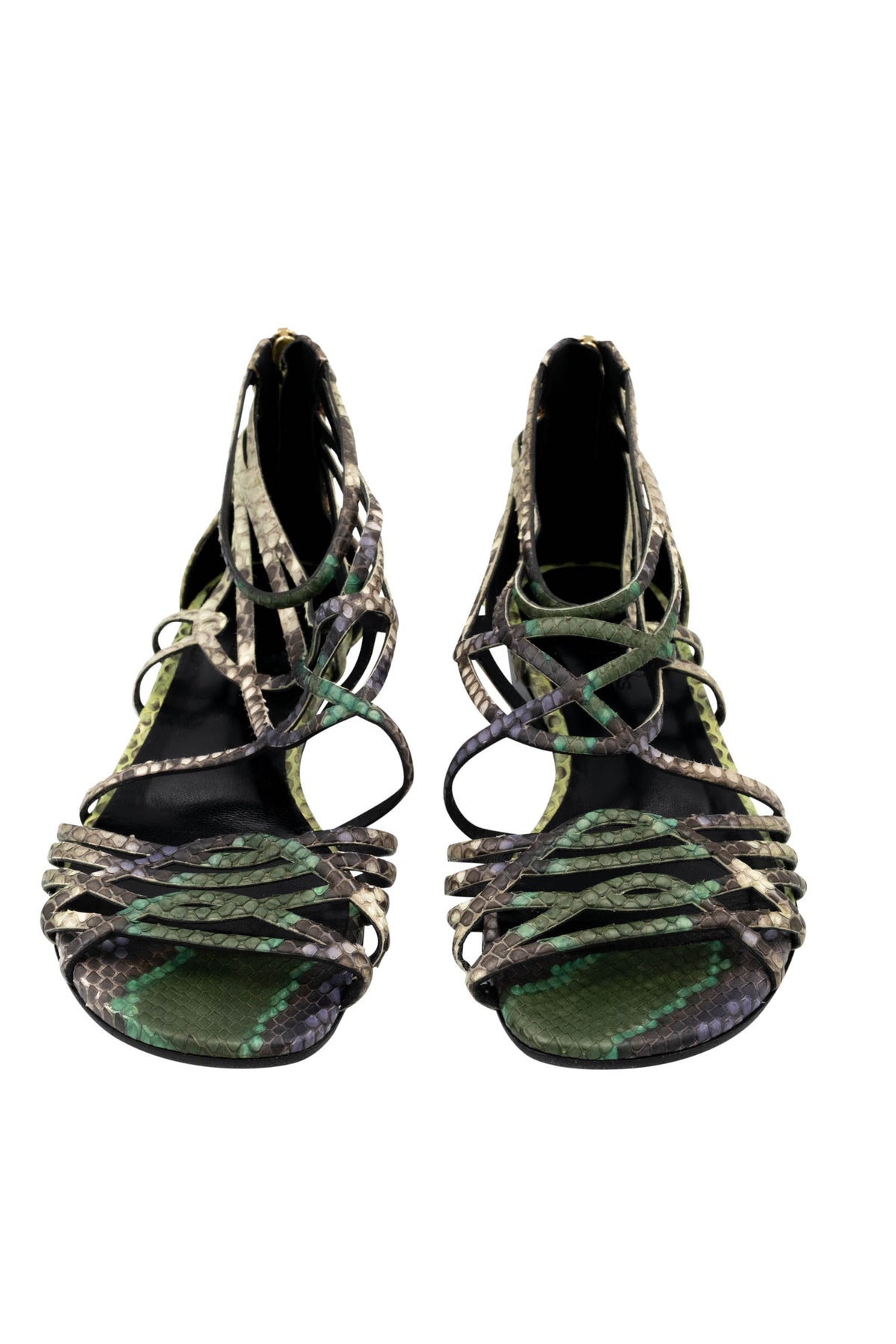 Hermes Green Snakeskin Strappy Gladiator Sandals Size 37.5