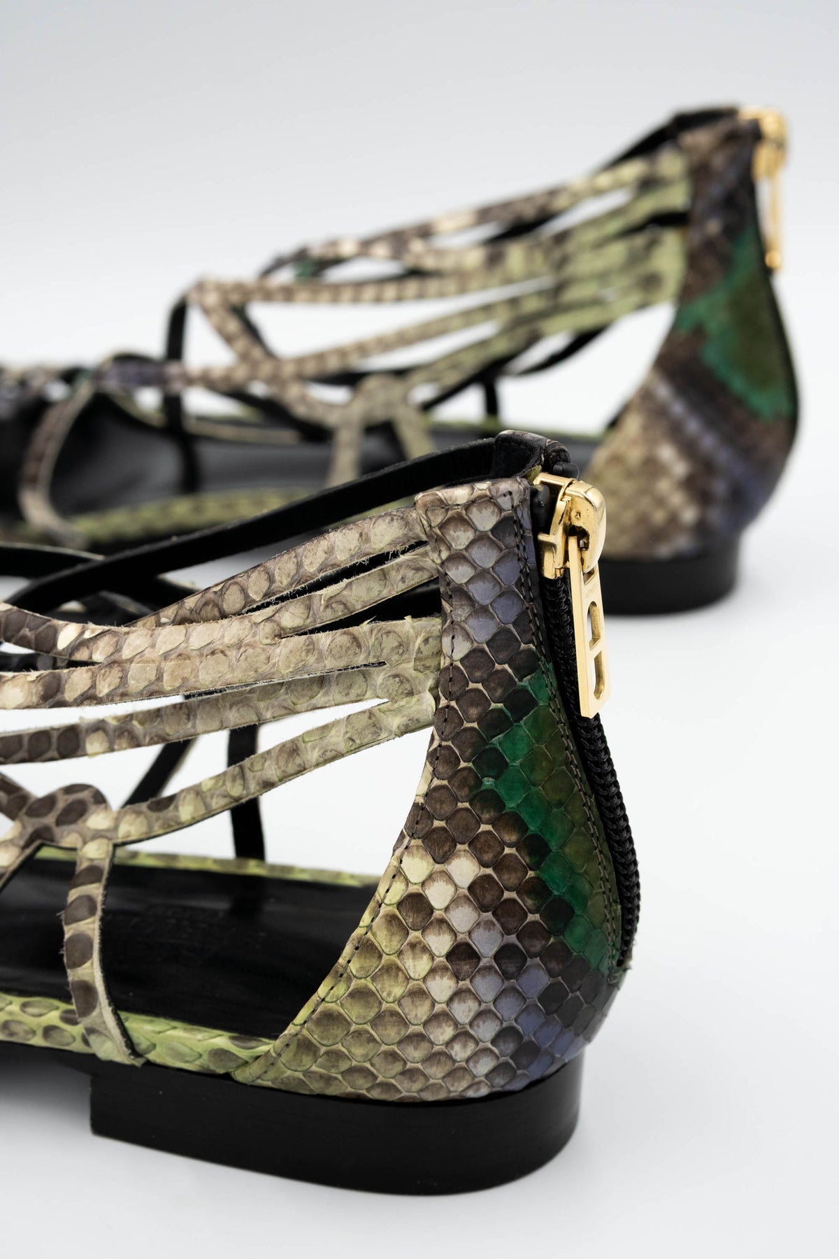 Hermes Green Snakeskin Strappy Gladiator Sandals Size 37.5