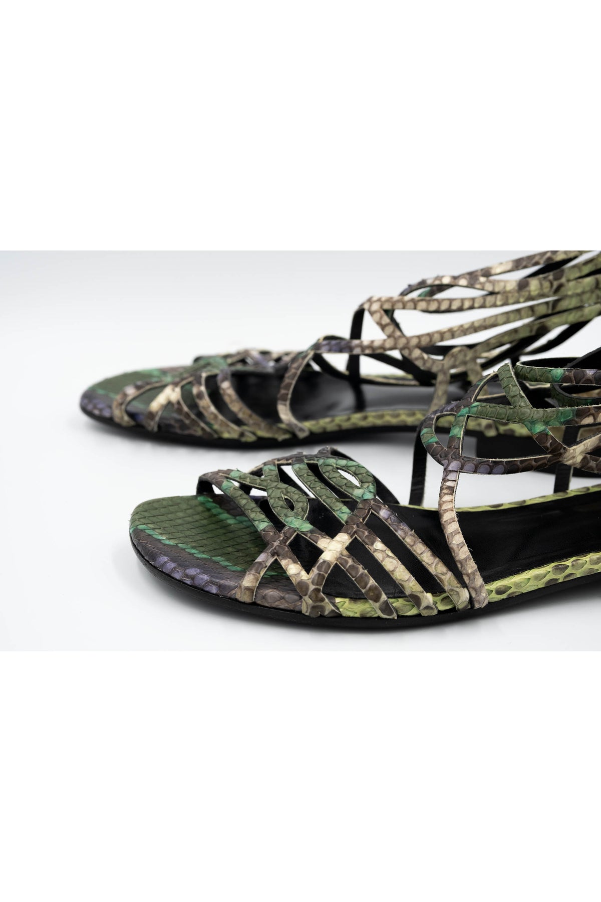 Hermes Green Snakeskin Strappy Gladiator Sandals Size 37.5