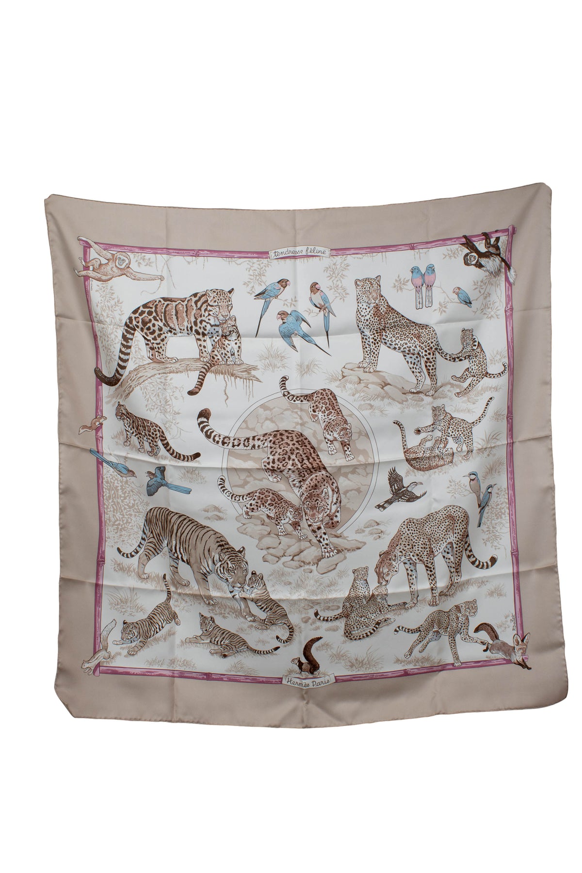Hermes Rose Beige "Tendresse Feline" Scarf 90 cm