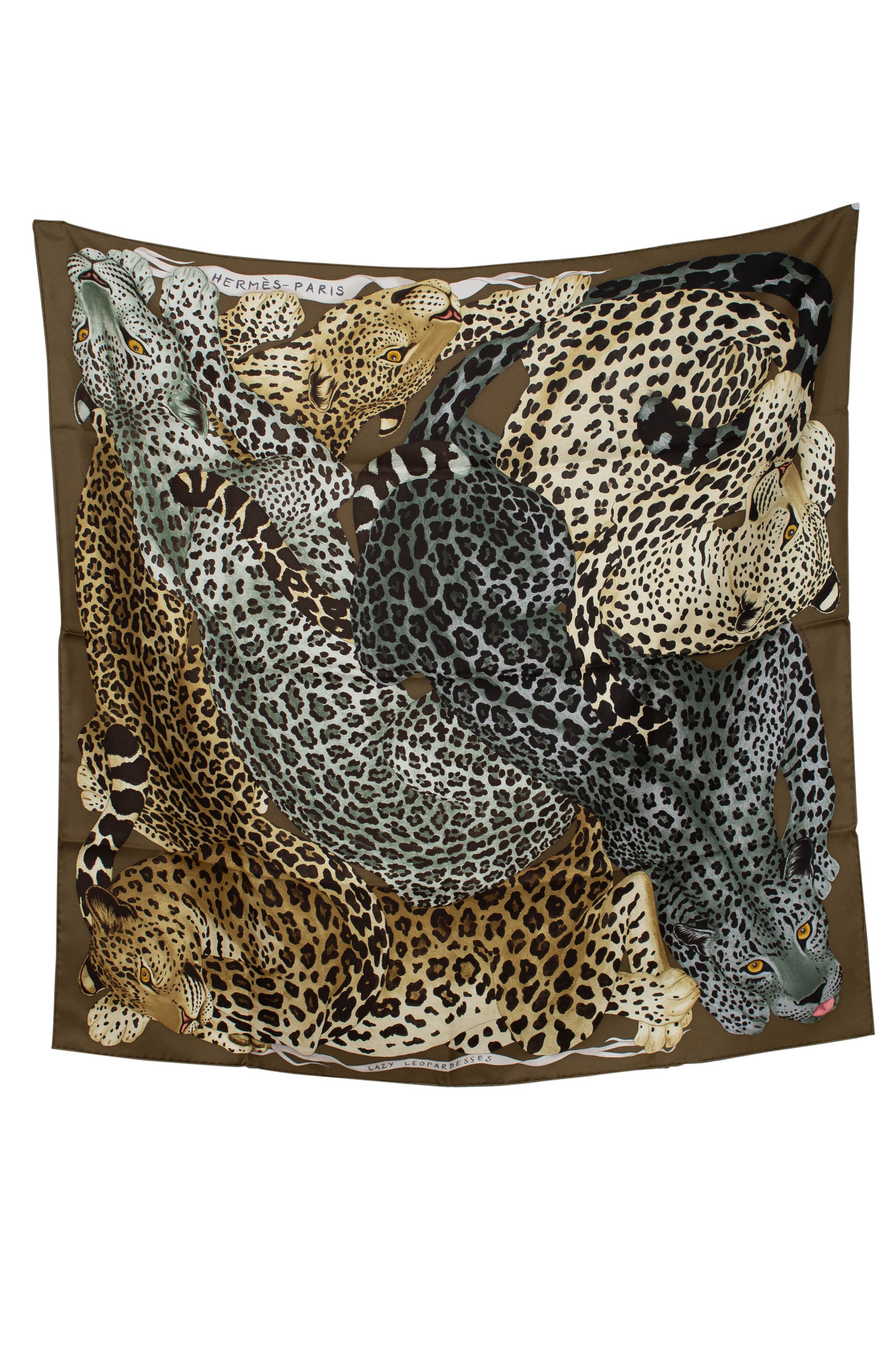 Hermes Khaki Lazy Leopardesses Silk Scarf NWT Size 90 cm - Foxy