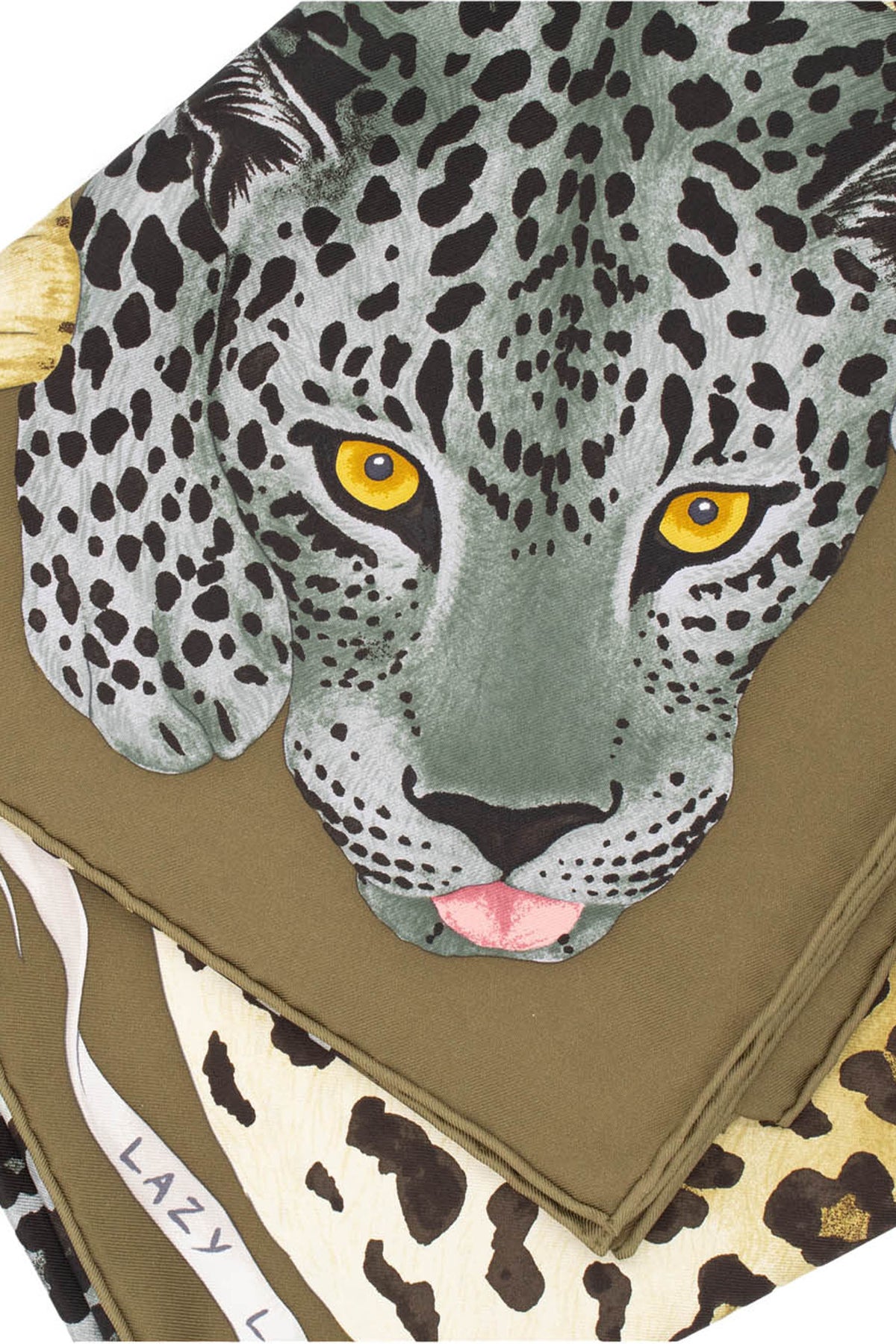 Hermes Khaki Lazy Leopardesses Silk Scarf NWT Size 90 cm
