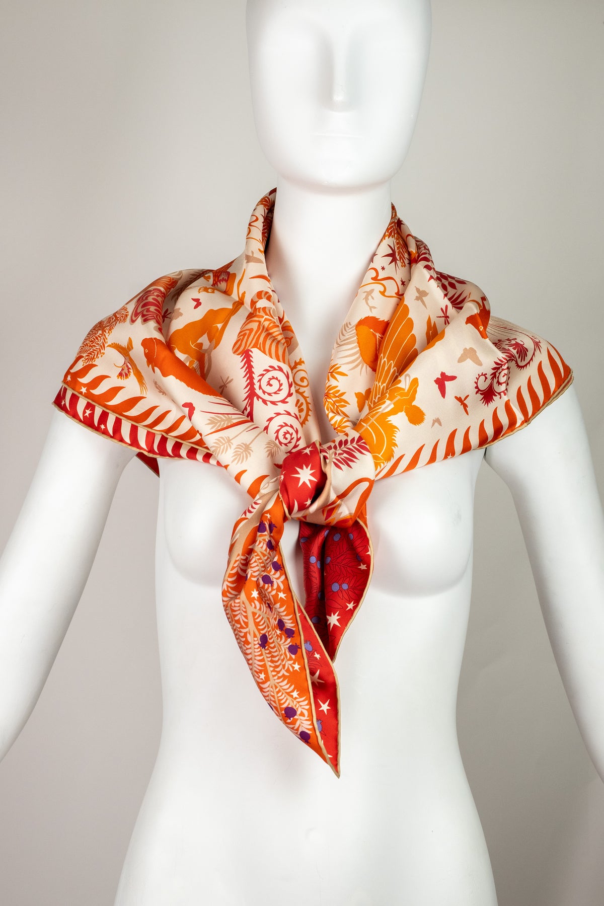 Hermes Orange and Red Le Charme Double Sided Print Silk Scarf 90cm