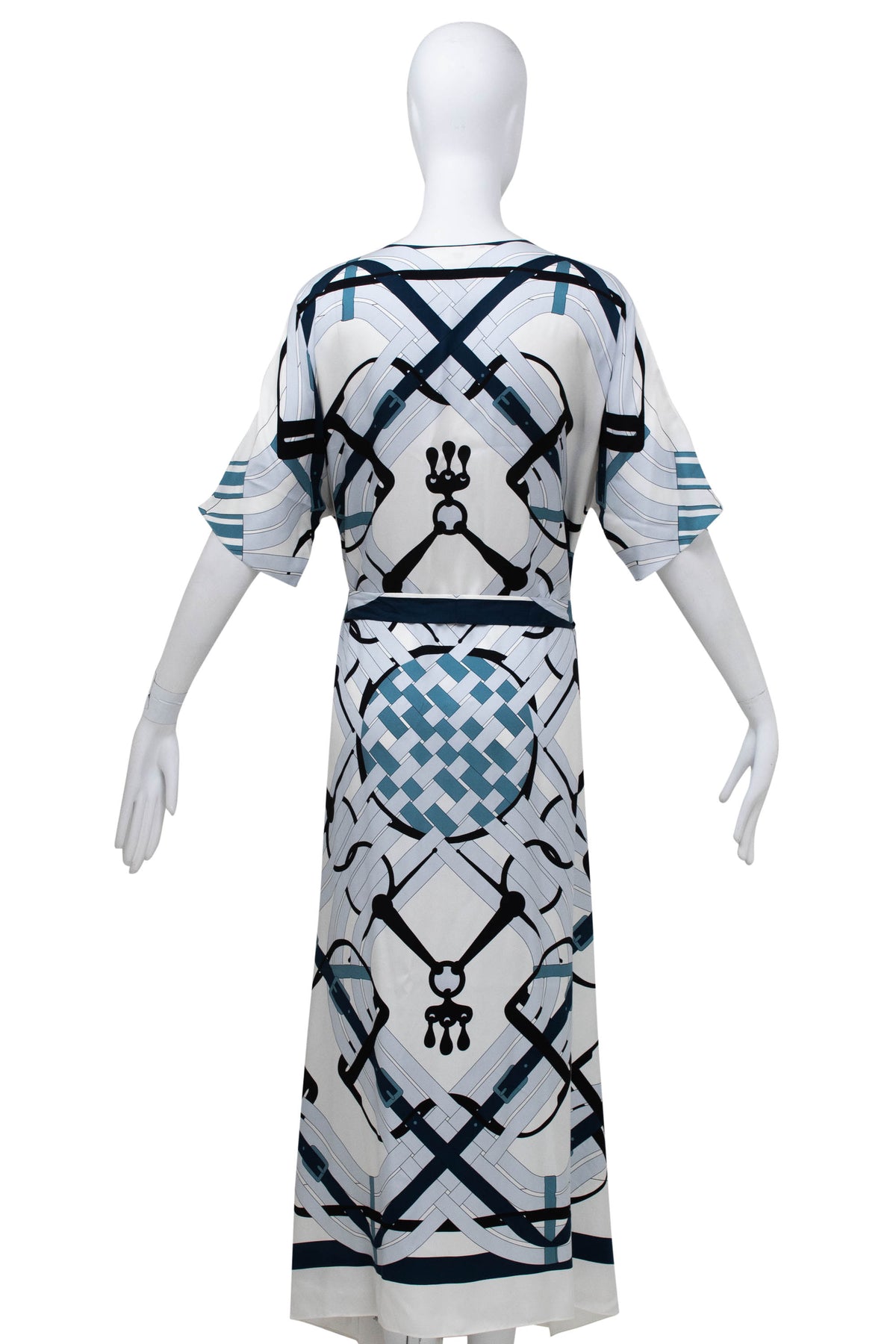 Hermes Blue and White Equestrian Print Silk Caftan Maxi Dress Size 40/8