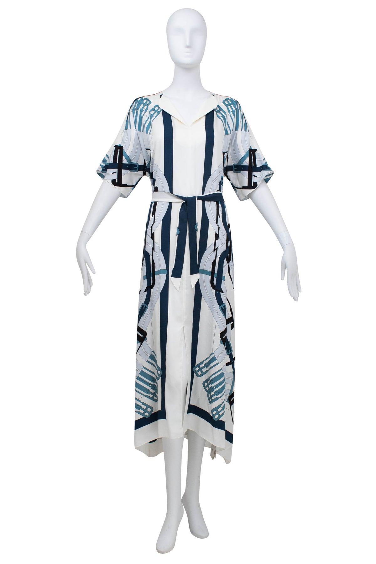 Hermes Blue and White Equestrian Print Silk Caftan Maxi Dress Size 40/8