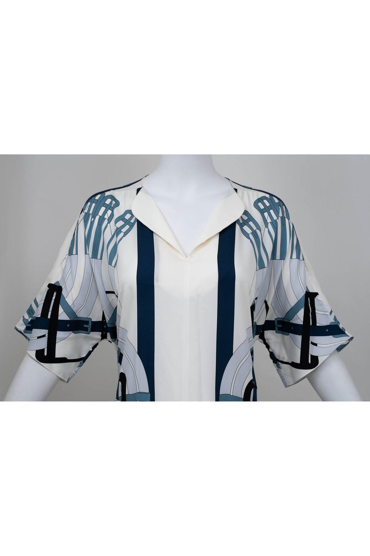 Hermes Blue and White Equestrian Print Silk Caftan Maxi Dress Size 40/8