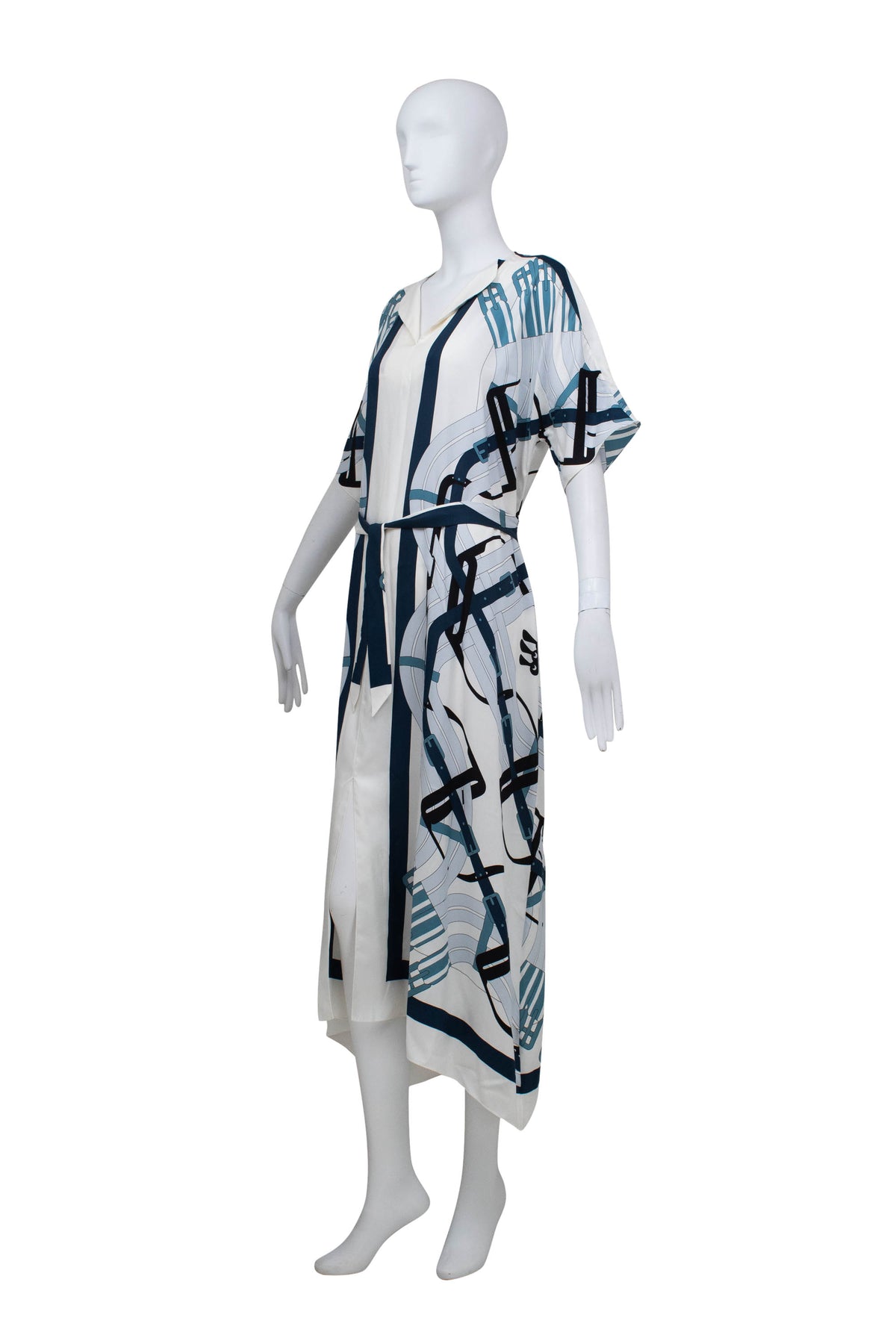 Hermes Blue and White Equestrian Print Silk Caftan Maxi Dress Size 40/8